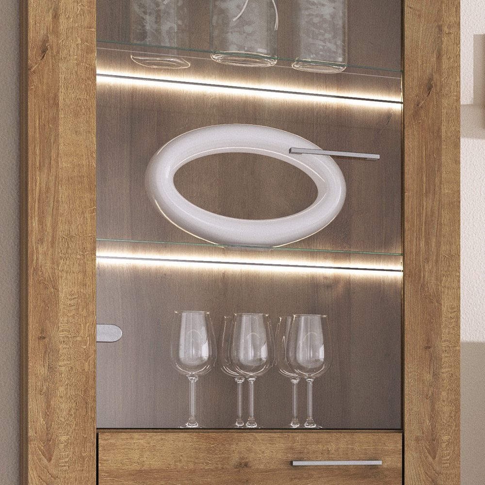 Lomadox Wohnwand STEGNA-160, (4-St., Vitrine Lowboard Wandboard Highboard), Eiche Nb., mit Beleuchtung, Softclose Türen