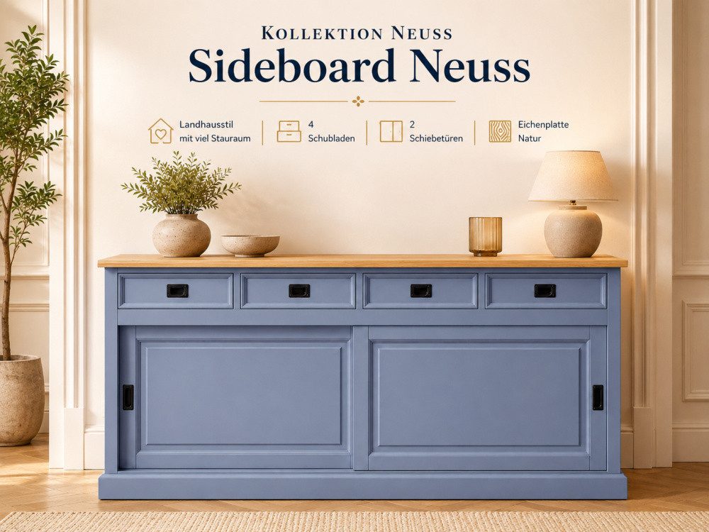 Wohnpalast Sideboard Sideboard Neuss taubenblau/eiche 180 cm mit Schiebetüren im Landhaus S