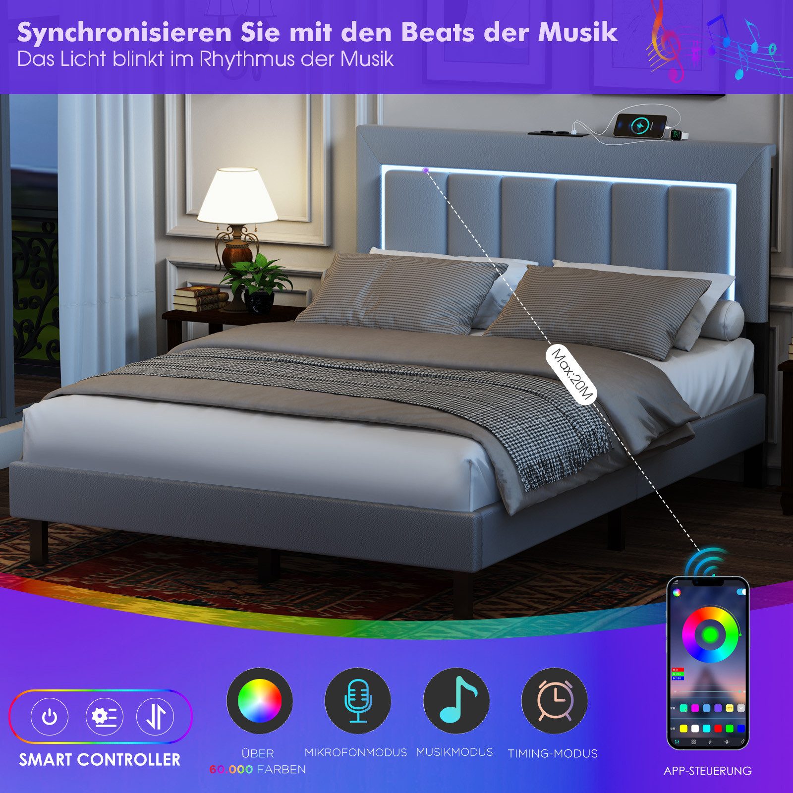oyajia Polsterbett Polsterbett Doppelbett mit USB+Type C und LED-Beleuchtung (Jugendbett, Bettgestell), 90/140x 200 cm,Gepolstert,Kunstleder,mit Kopfteil und La – Bild 5 von 5