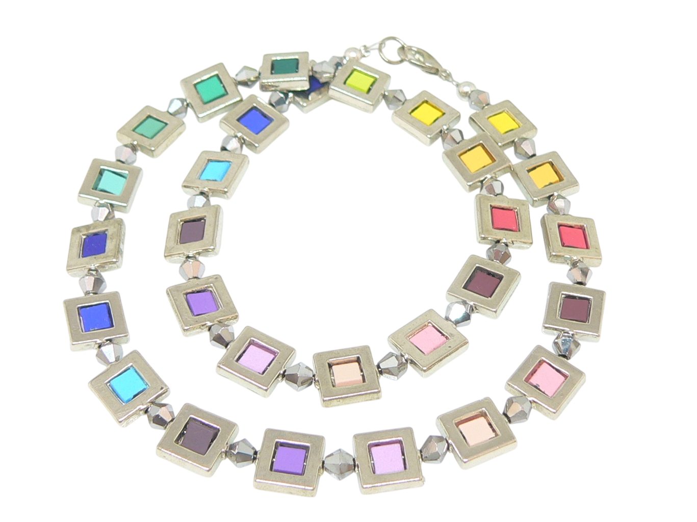 Kette ohne Anhänger 135y Halskette Collier Metallrahmen silberfarben, Hämatit Quadrat