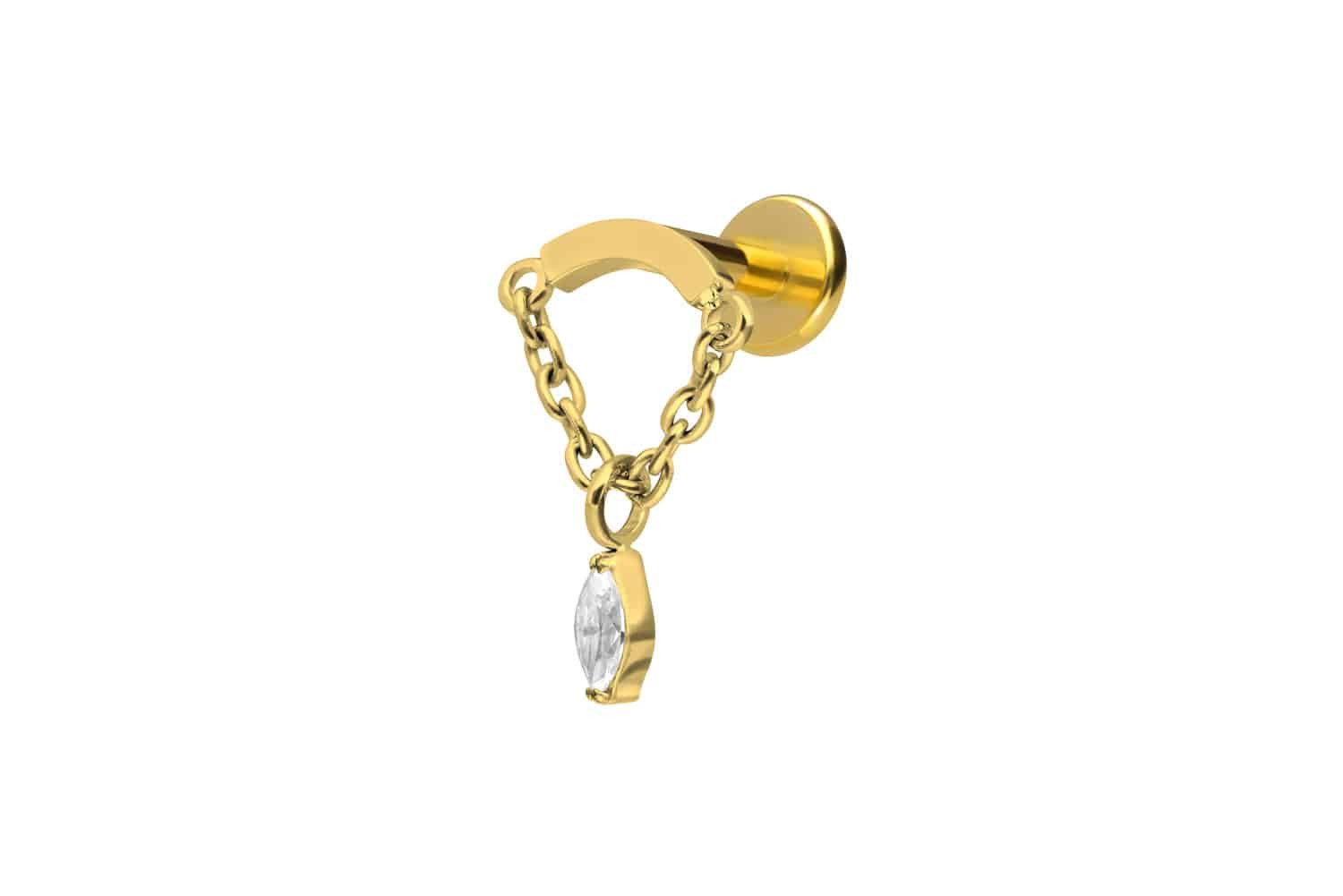 Piercing-Set Titan Labret mit Innengewinde BOGEN + KETTE + KRISTALLTROPFEN