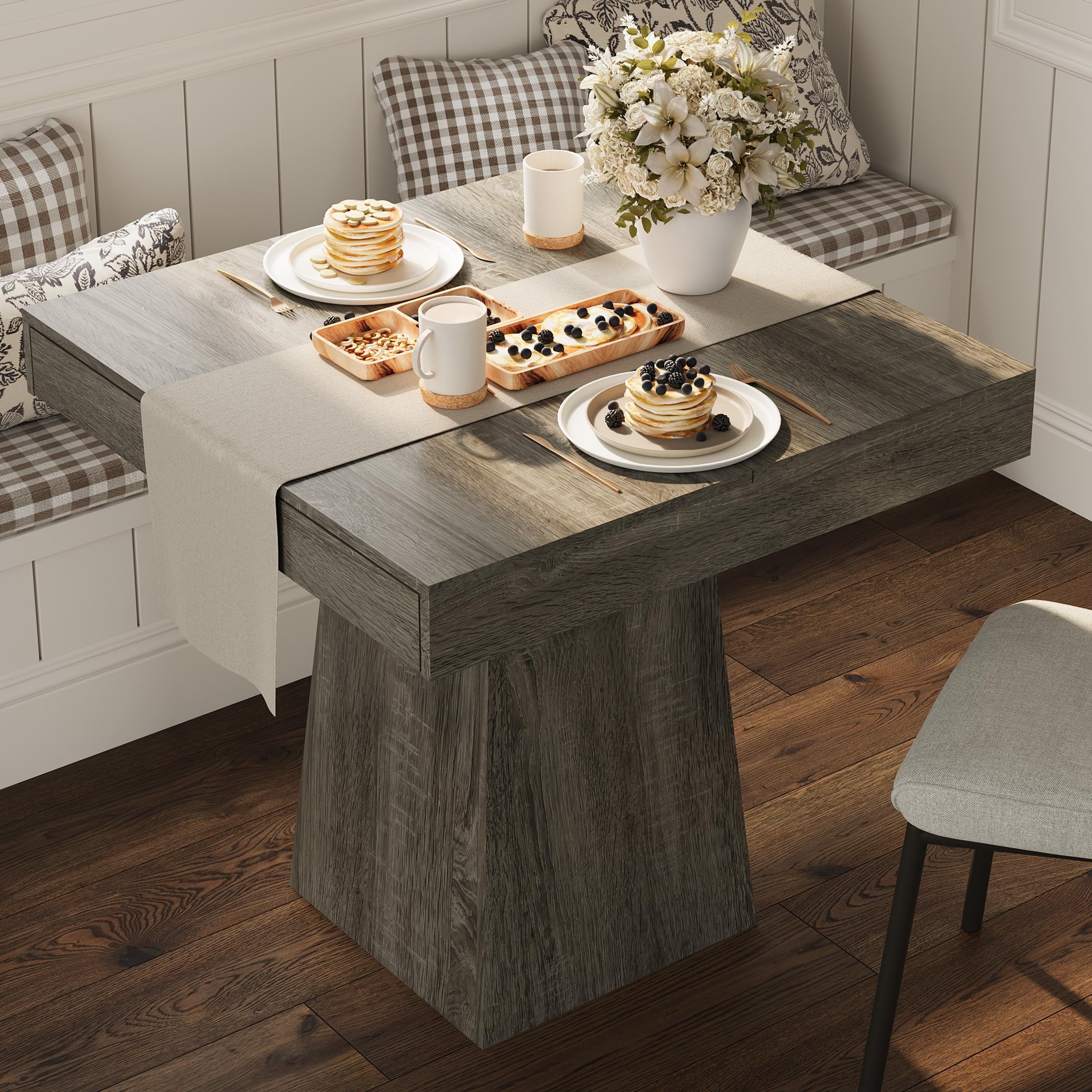 GarveeMore Esstisch Square Dining Table for 4 with Drawer Storage und Wooden Pedestal