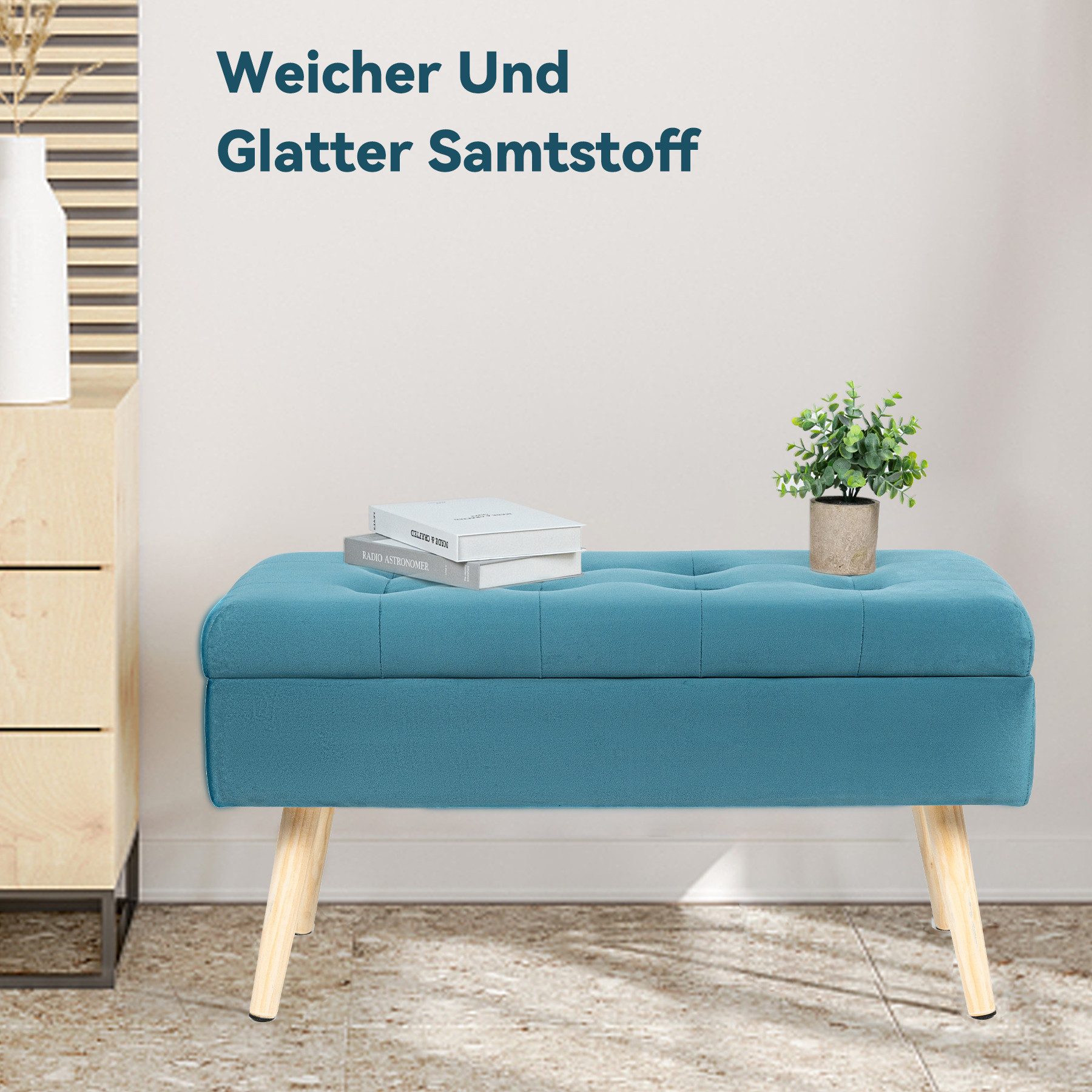 HawthyHome Polsterbank aus Samt mit Stauraum Sitzbank mit Holzbeinen