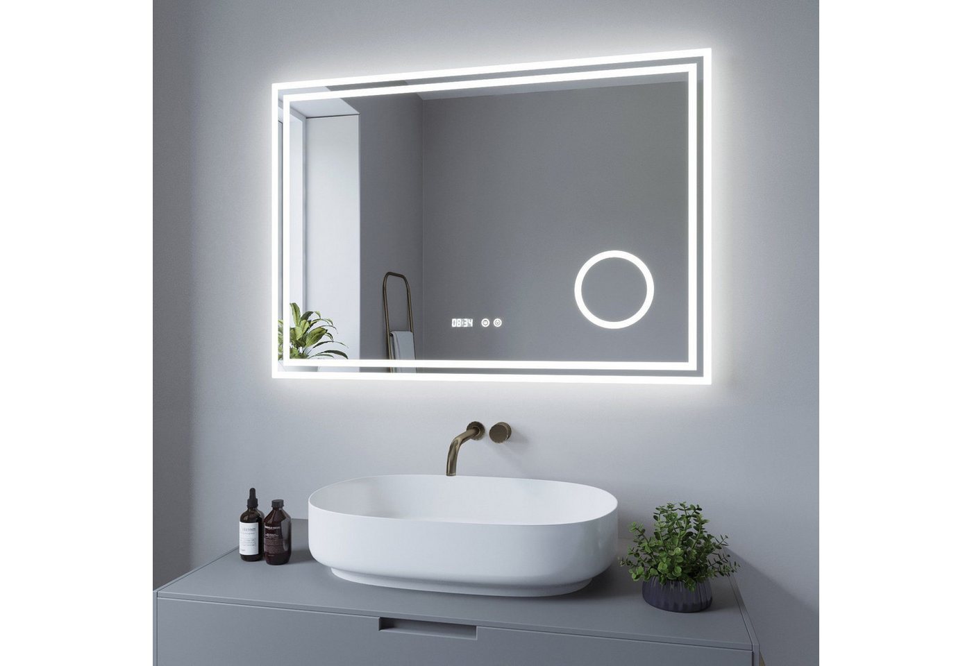 Thumbnail - AQUALAVOS Badspiegel Badspiegel mit Beleuchtung Led Badezimmer mit Digitaluhr Lichtspiegel, mit Vergrößerung, Touchschal...