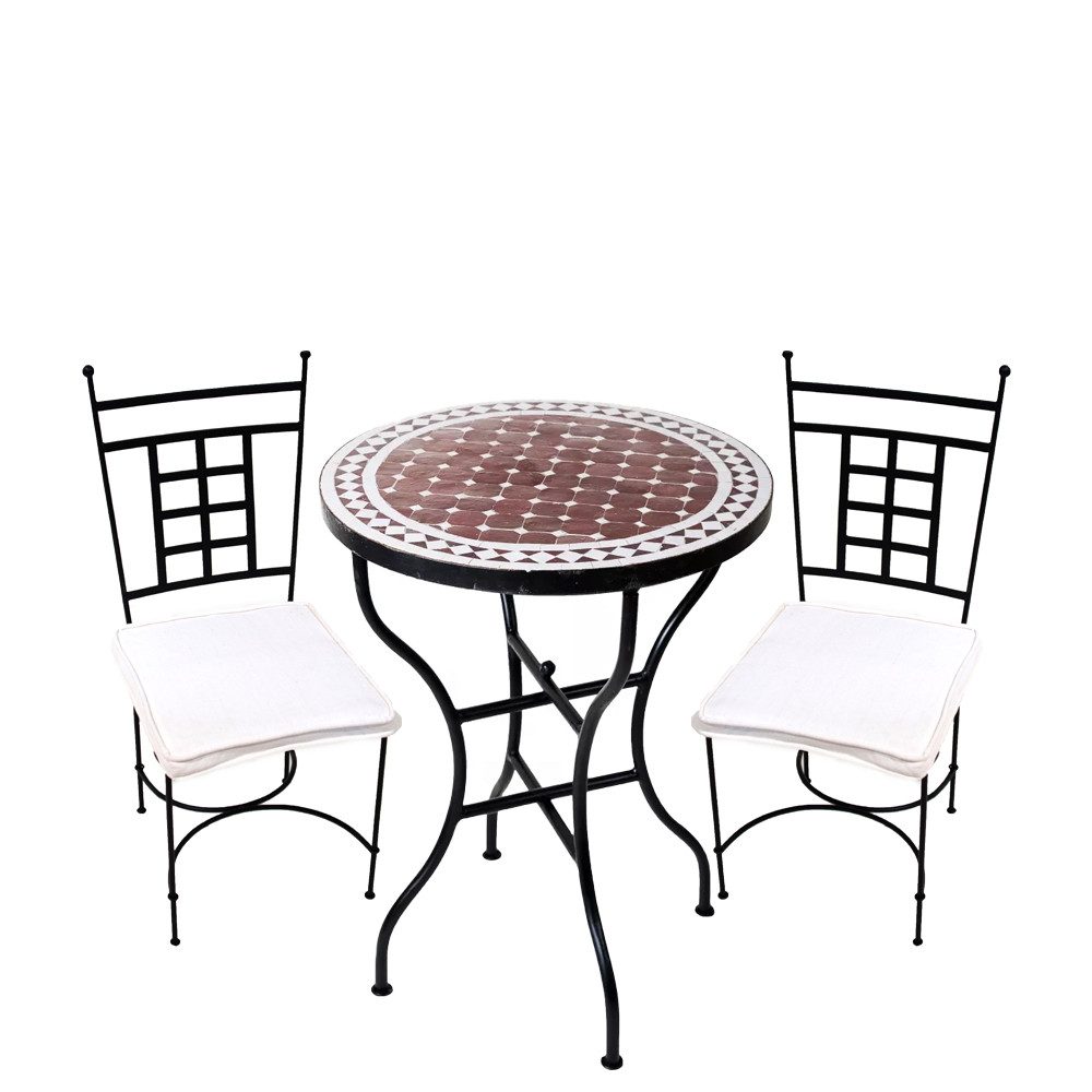 Marrakesch Orient & Mediterran Interior Garten-Essgruppe Bistro 3er Set mediterran Marrakesch Bordeaux Weiß 60cm Athen, (3-tlg), Handarbeit