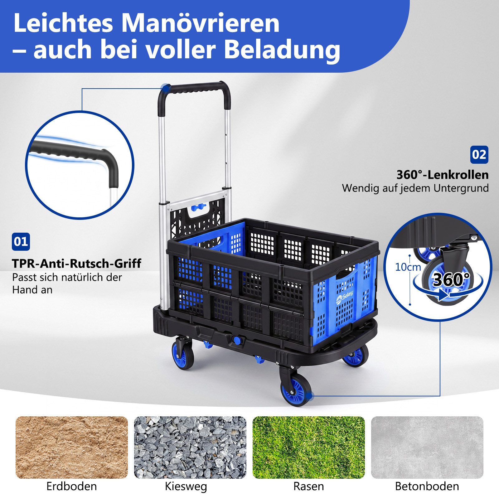 Sekey Transportwagen Plattformwagen klappbar Handgriff mit abnehmbarem Einkaufskorb, 2-in-1 Transportwagen 360° Lenkrollen, 3-Fach höhenverstellbarer Griff – Bild 5 von 5