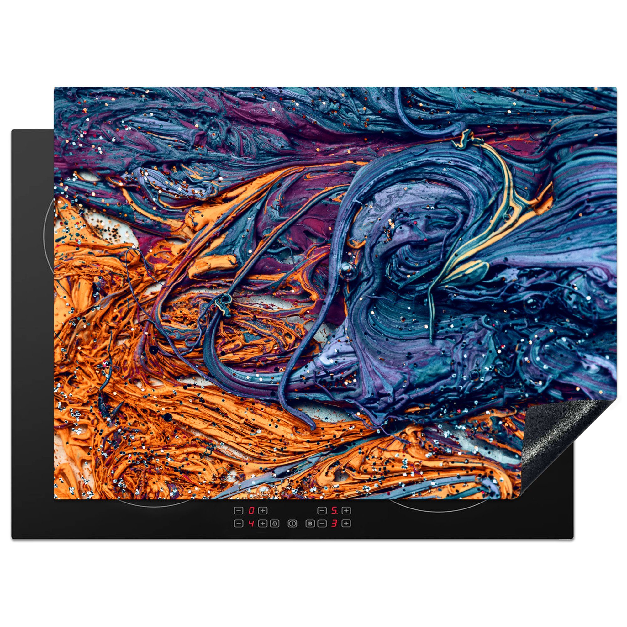 MuchoWow Herdblende-/Abdeckplatte Marmor - Farbe - Orange - Blau, Vinyl, (1 tlg), 71x52 cm, Induktionskochfeld Schutz für die küche, Ceranfeldabdeckung