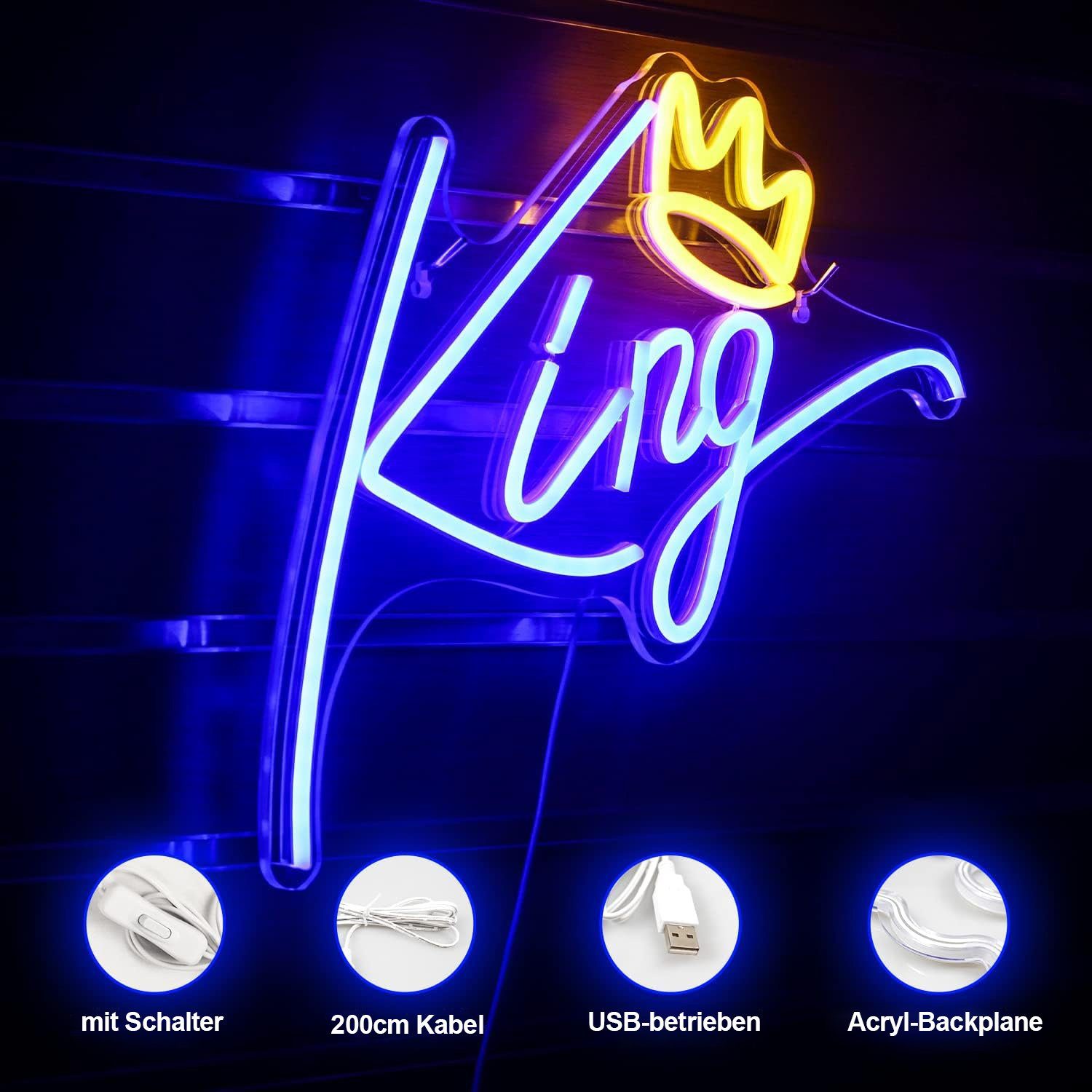 MUPOO LED Dekoobjekt Halloween Deko LED King/Queen Acryl 2M Neonschild Ein/Aus-Schalter,USB,Acryl, für Kabel-USB Neon Wandleuchte Sign, Dekor, Gaming Nachtlicht,Schlafzimmer, Room