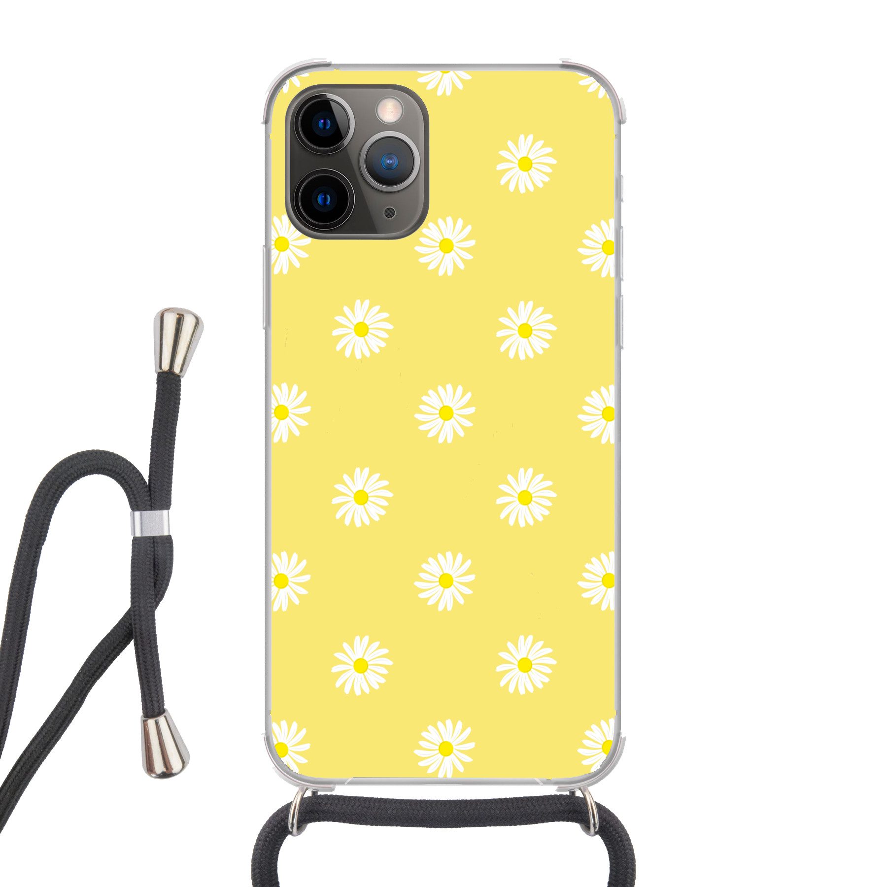MuchoWow Handyhülle für Apple iPhone 13 Pro Gänseblümchen - Pastell - Weiß - Gelb - Blumen, Tragbare Handyhüllen mit Kette zum umhängen, Handykette Handyband