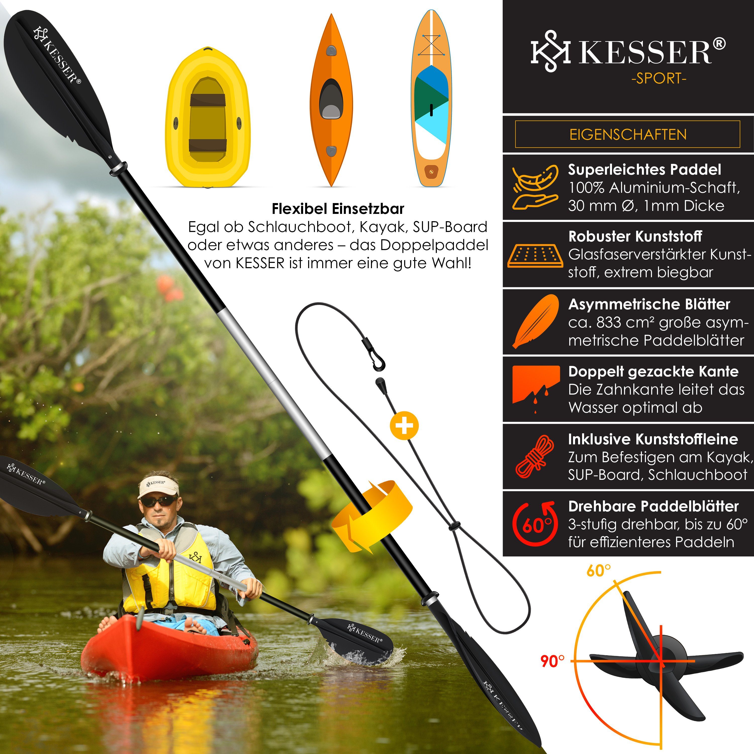 Kayak schwarz SUP Doppelpaddel für KESSER Kanu Stand-Up Paddle SUP-Paddel, 4-teilig