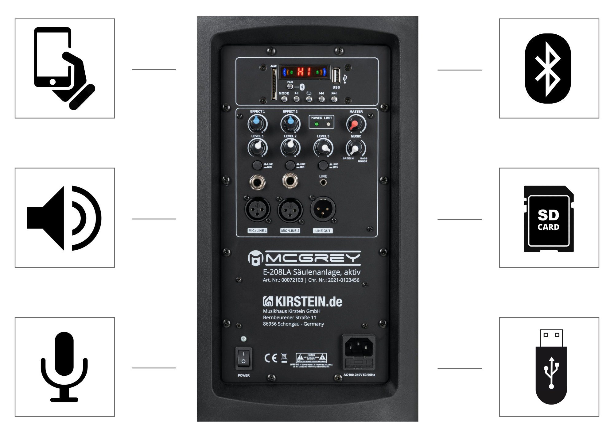 4x McGrey W, E-208LA Array 100 Säulenanlage Breitbandlautsprecher) (Bluetooth, PA-Anlage 2,5" Aktiv Line Lautsprecher mit