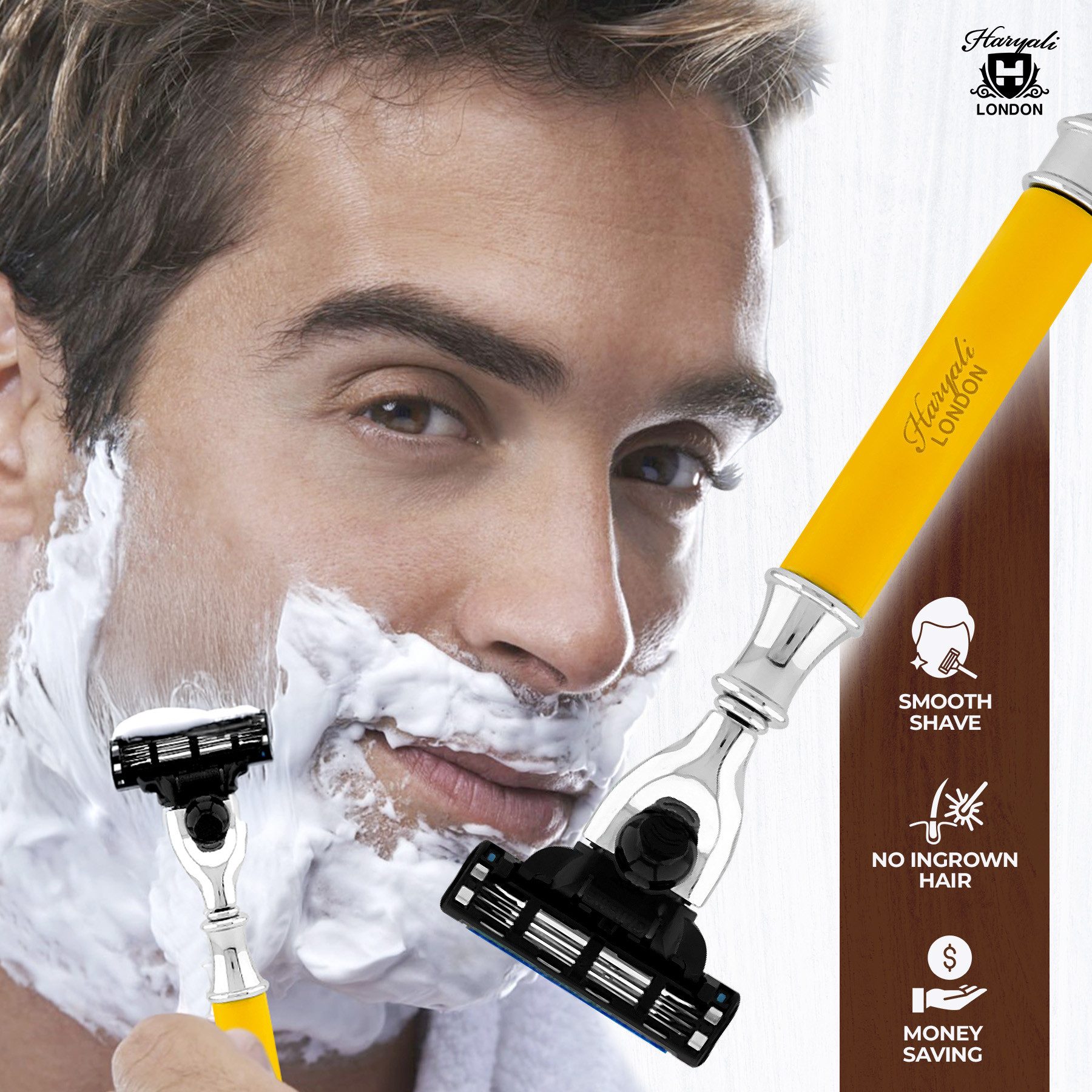 Haryali London Nassrasierer 3-Klingen-Rasierer für Unisex, Smart Grip, Gesichtsrasierer, gelb, Pack, Razor with removable blade and brass-silver handle, Abwaschbarer, rutschfester Griff. Passt auf alle Mach 3-Rasierer.