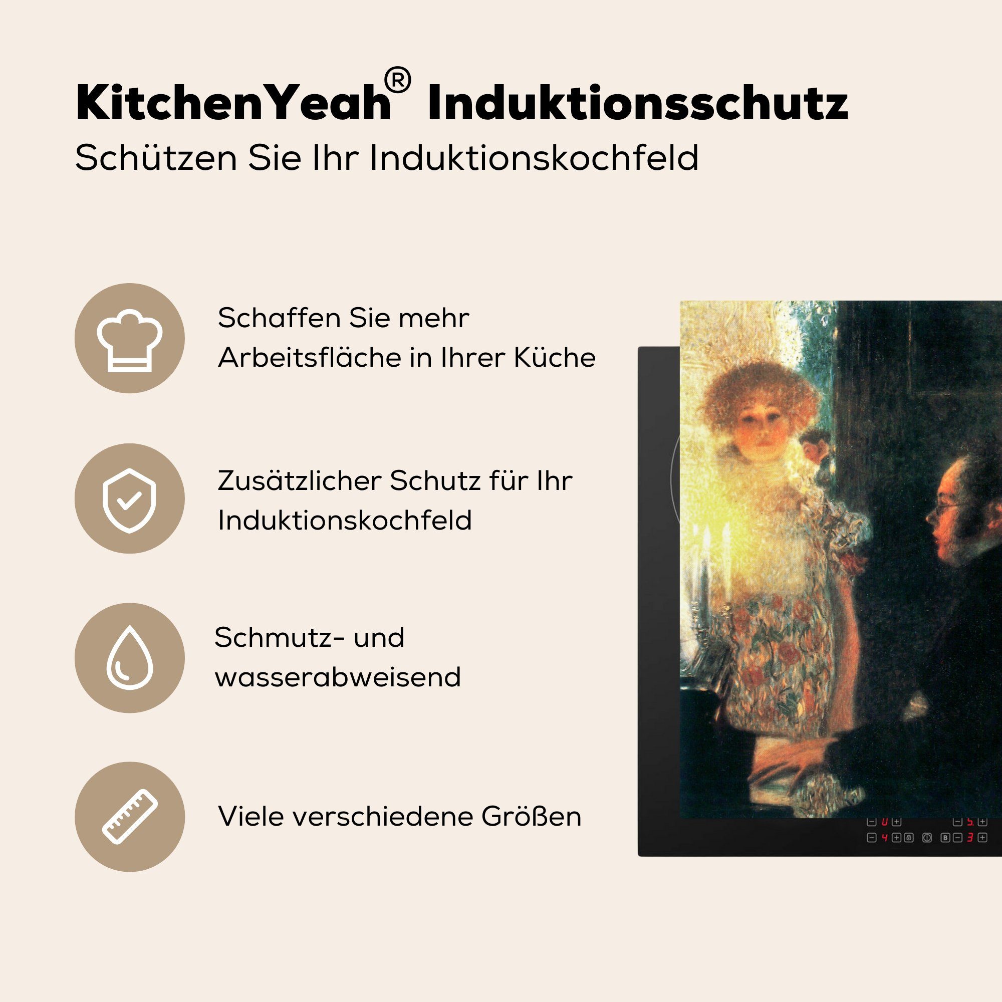 Induktionskochfeld Gustav am Schutz küche, für die Ceranfeldabdeckung Vinyl, Herdblende-/Abdeckplatte 81x52 Klimt, Klavier Schubert - cm, (1 MuchoWow tlg),