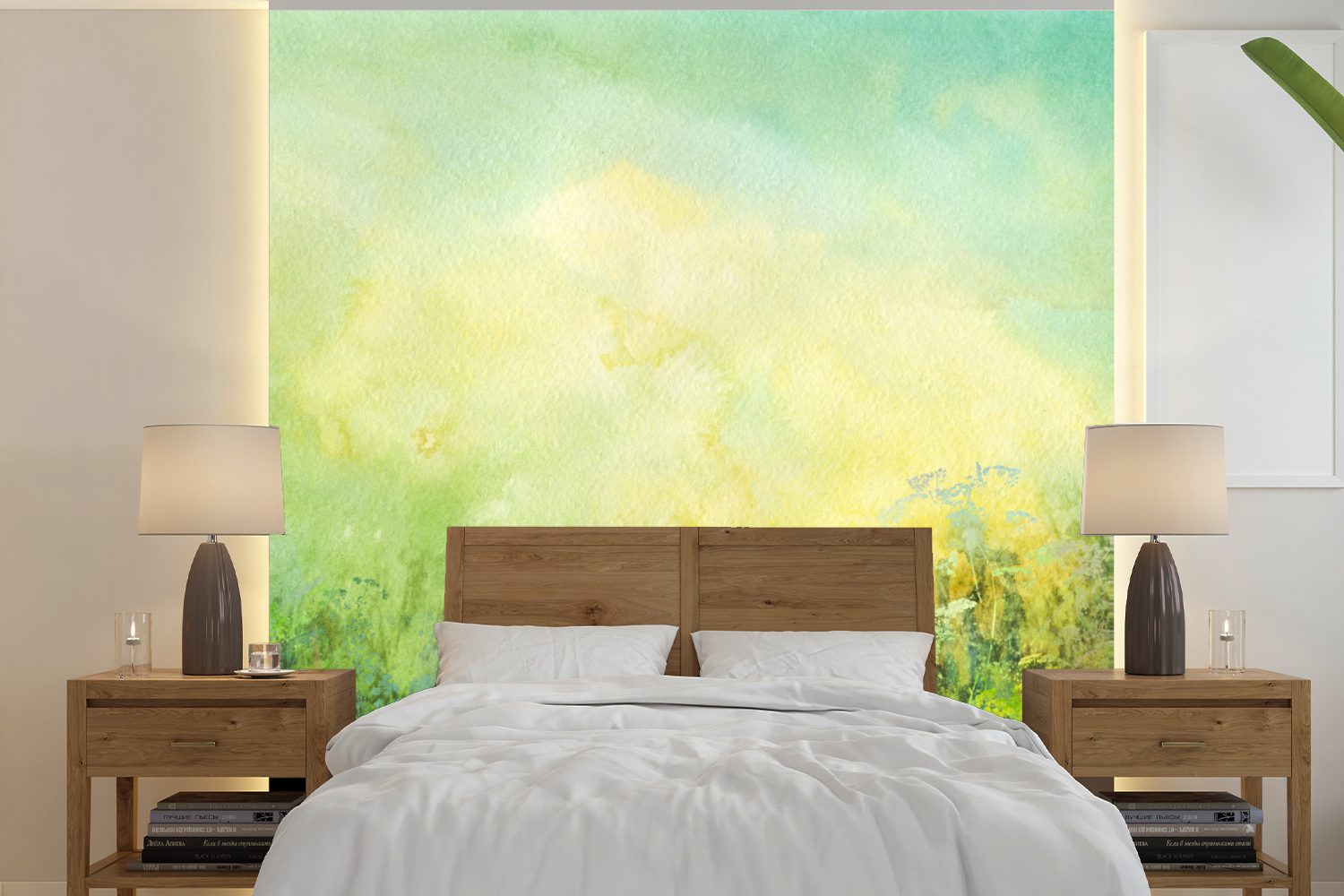 MuchoWow Fototapete Gras - Sommer - Ölfarbe, Matt, bedruckt, (5 St), Vinyl Tapete für Wohnzimmer oder Schlafzimmer, Wandtapete