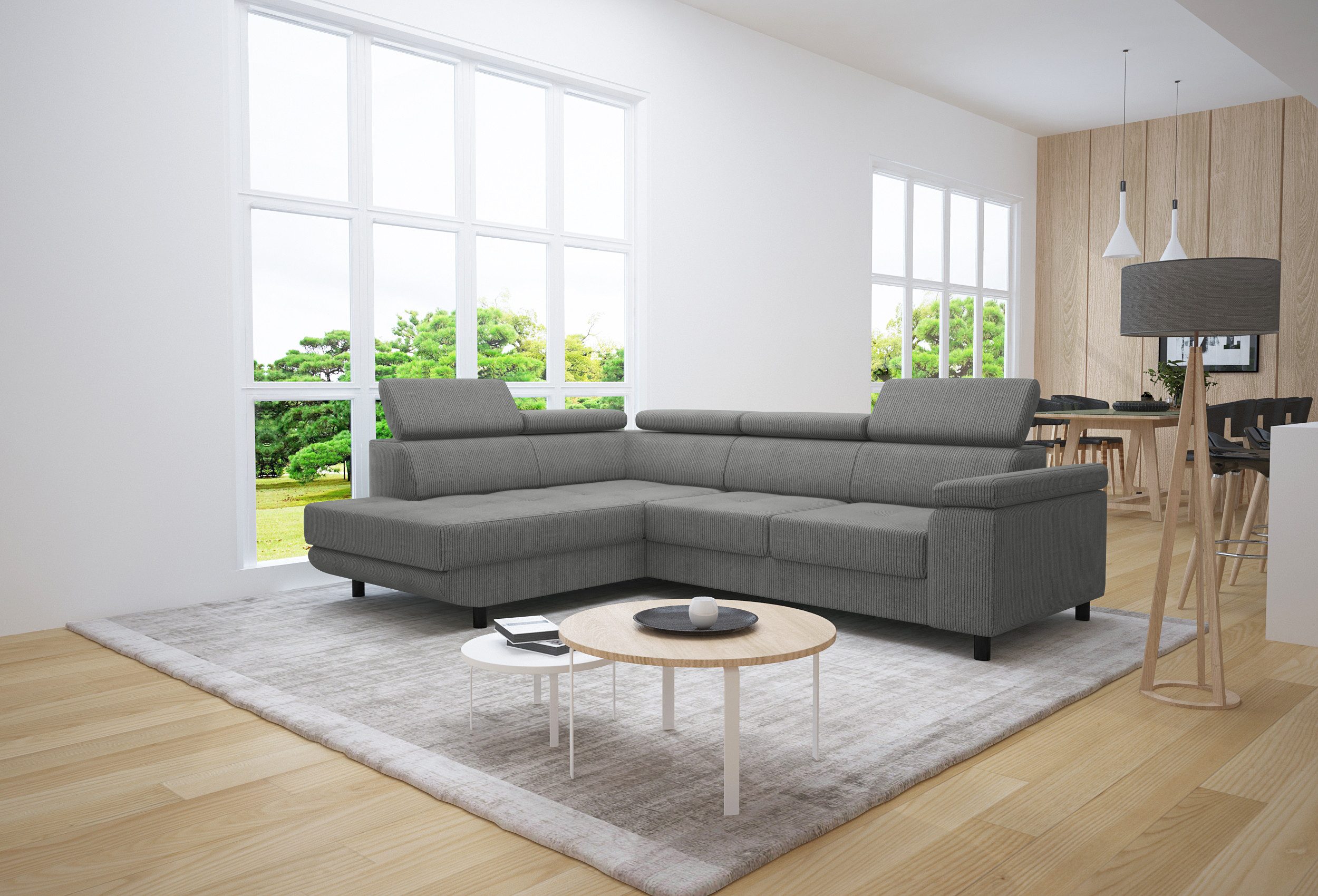 thematys Ecksofa LUNA L mit Schlaffunktion & Bettkasten – aus Velours oder Cord Stoff, mit 5 verstellbaren Kopfstützen, – L-Form 250×183 cm – Schlafsofa mit Auszug