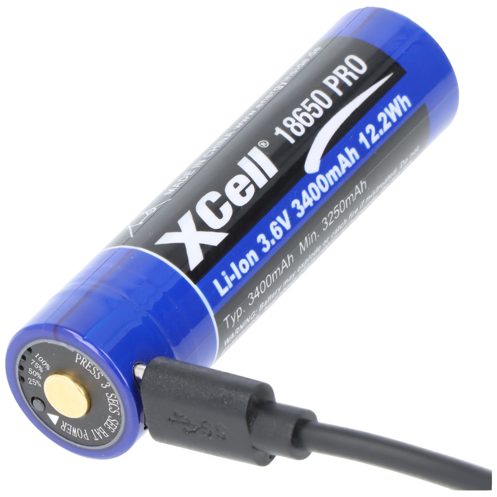 XCell Pro 18650 Li-Ion Akku geschützter Li-Ion Akku, mit USB-C Ladebuchse, Akku 3400 mAh (3,6 V)