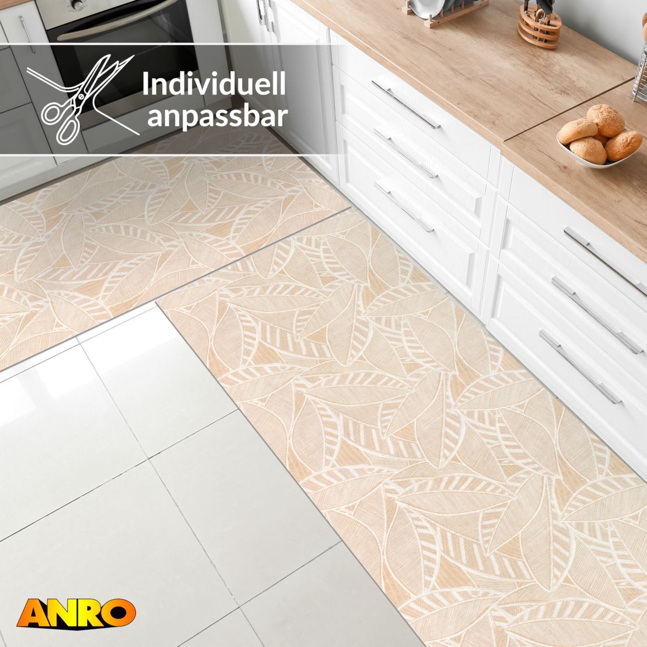 ANRO Küchenläufer abwaschbar Blätter LADY Läufer stark pflegeleicht Küchenteppich, Rechteckig, Höhe: 3 mm, robust schmutzabweisend 67x100cm Botanical Beige robu – Bild 4 von 5