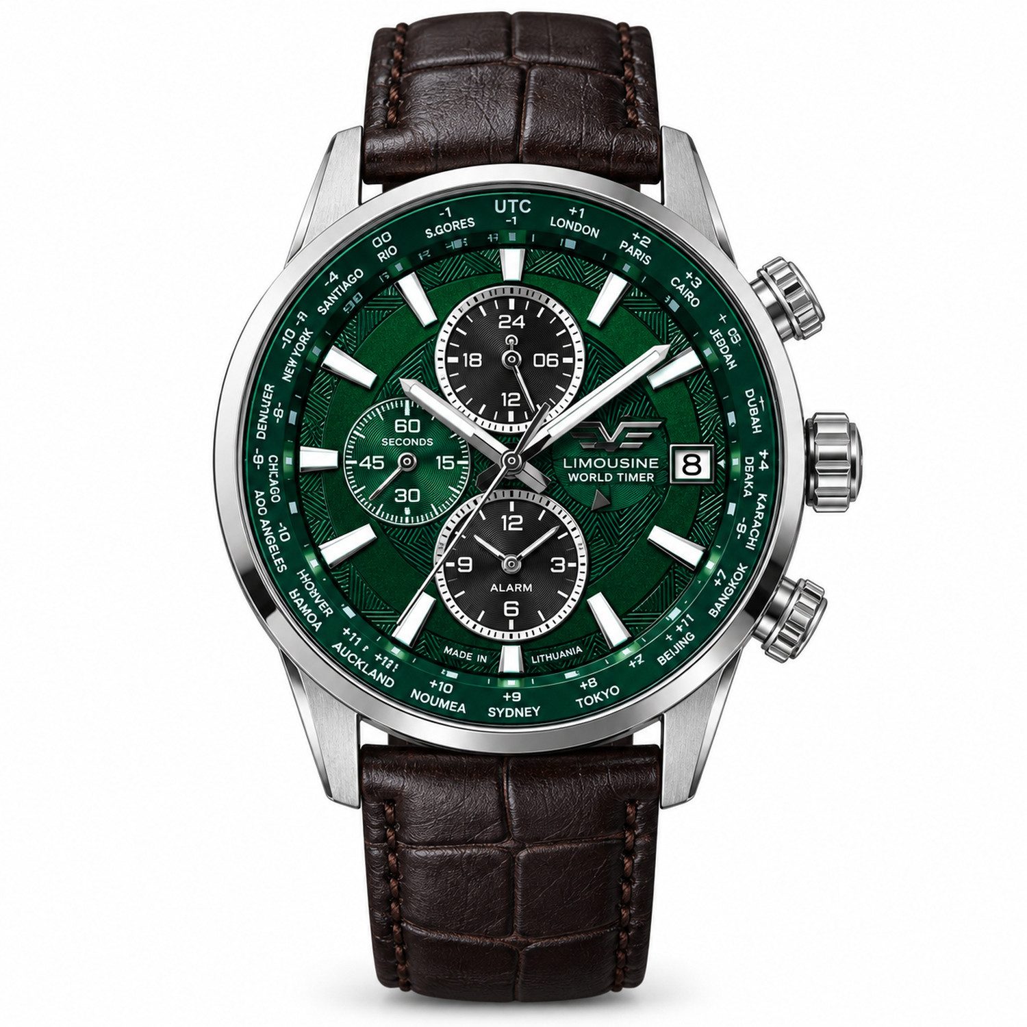 Vostok Europe Quarzuhr Herrenuhr Weltzeituhr 561A790-L Grün Leder 43 mm
