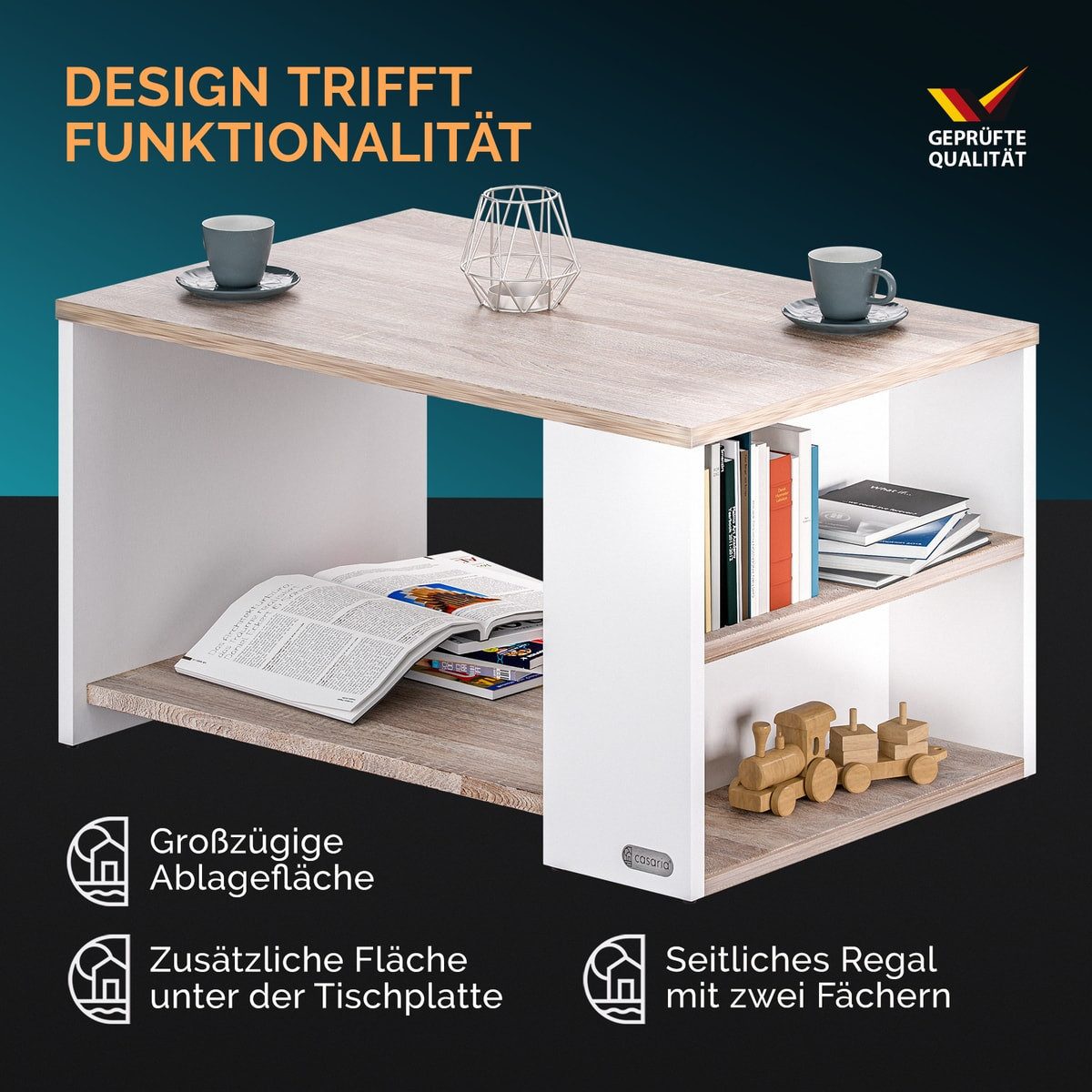 Casaria Couchtisch Santa Cruz, Wohnzimmertisch Stauraum Holz Weiß Eiche 90x60x50cm Ablage Sofatisch