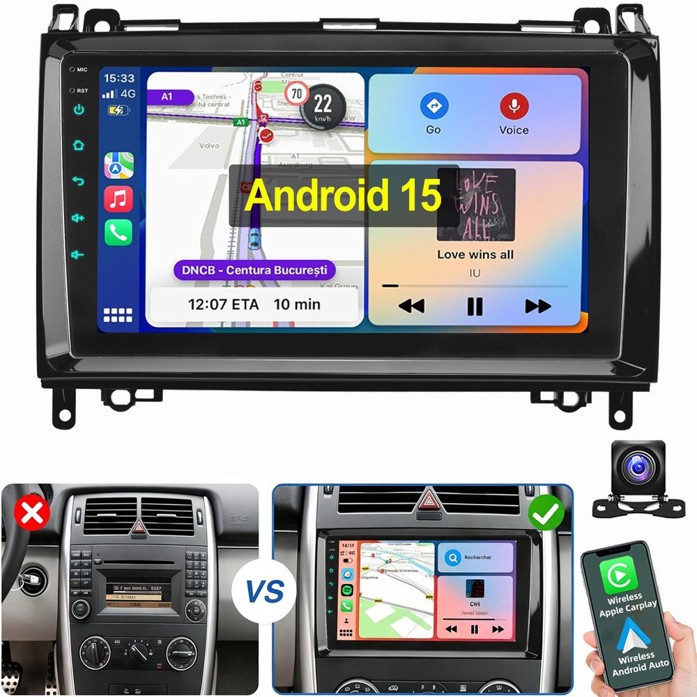 ESSGOO Android 15 Für Mercedes-Benz A/B Klasse/Vito W169 W639 W245 W906 Navigationsgerät (2 DIN Carplay Bluetooth Navigationsgeräte Rückfahrkamera(optional)