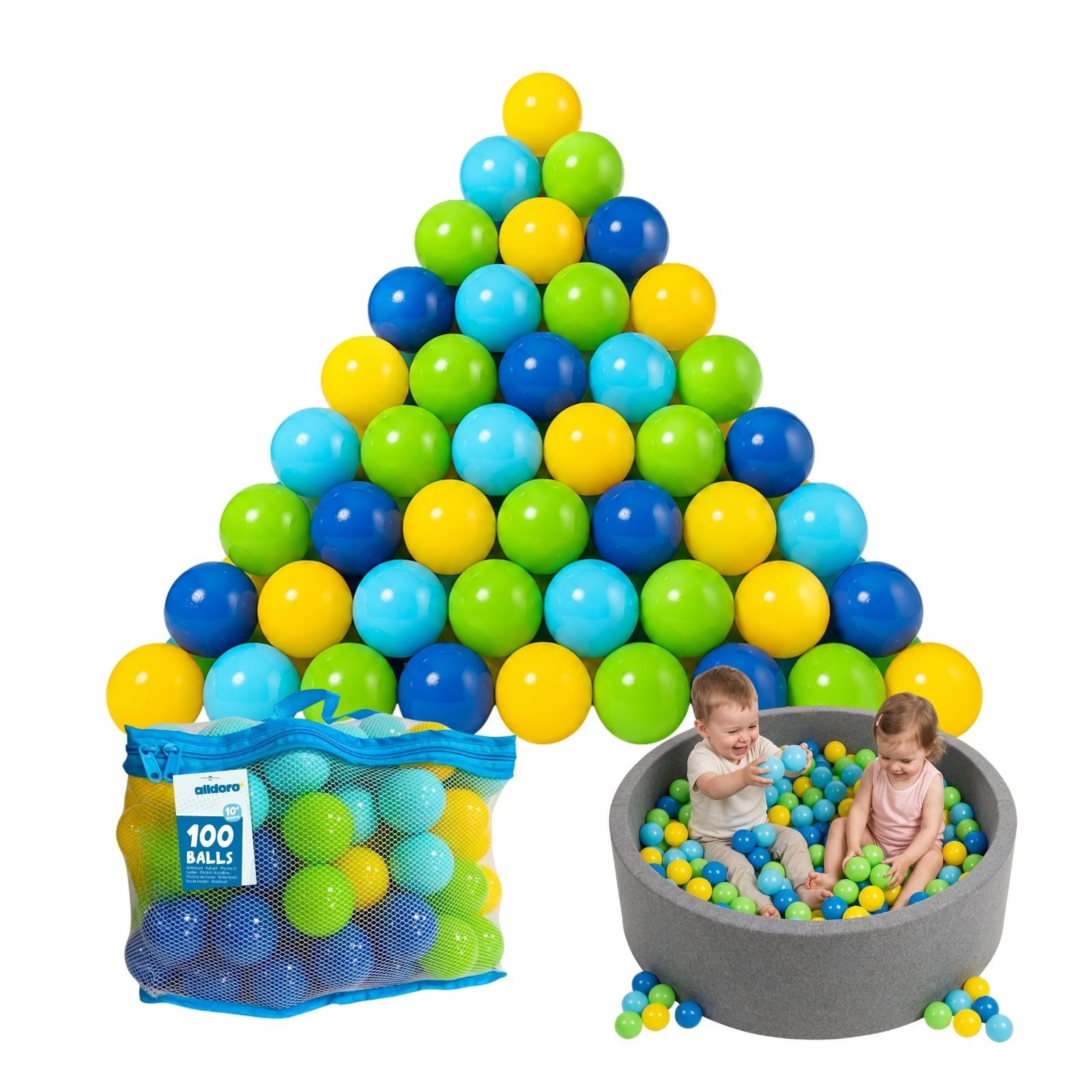 alldoro Bällebad-Bälle 100 bunte Bälle Ø 6 cm mit Tragetasche für Bällebad, Spielzelt & Pool, Spielbälle aus ungiftigem PE-Kunststoff, in Grün, Gelb, Blau & Türkis