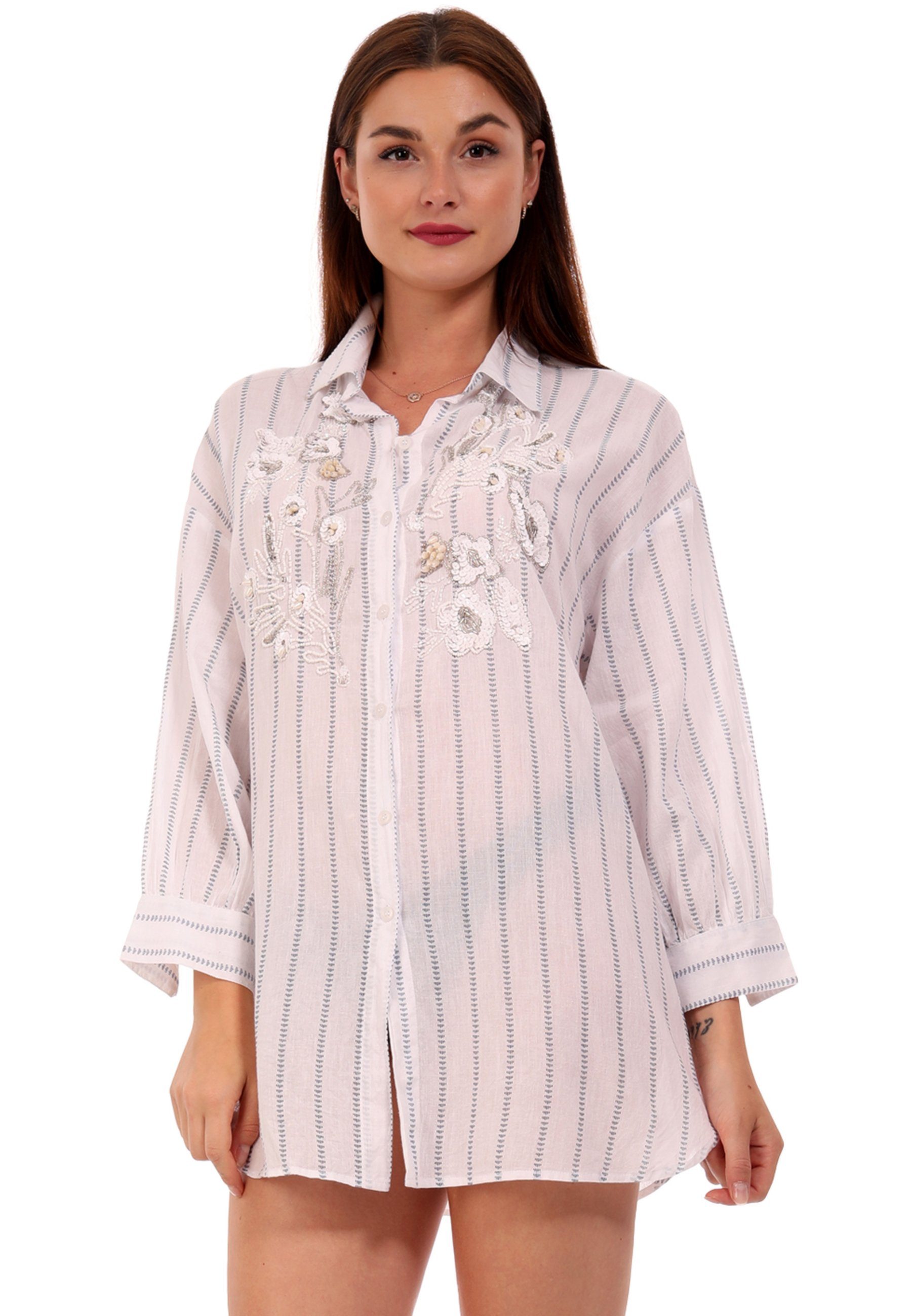 YC Fashion & Style Hemdbluse »Long Bluse mit Pailletten und Perlen  Stickerei« (1-tlg) Langarm, Streifen online kaufen | OTTO