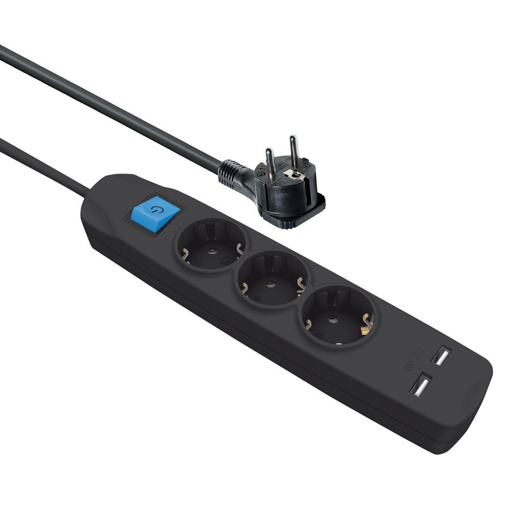 ARLI Steckdosenleiste 3 fach mit 2 USB Ladebuchsen Mehrfachstecker Steckdosenleiste (USB, Schutzkontaktstecker, Kindersicherung, Kabellänge 1.5 m) Schwarz