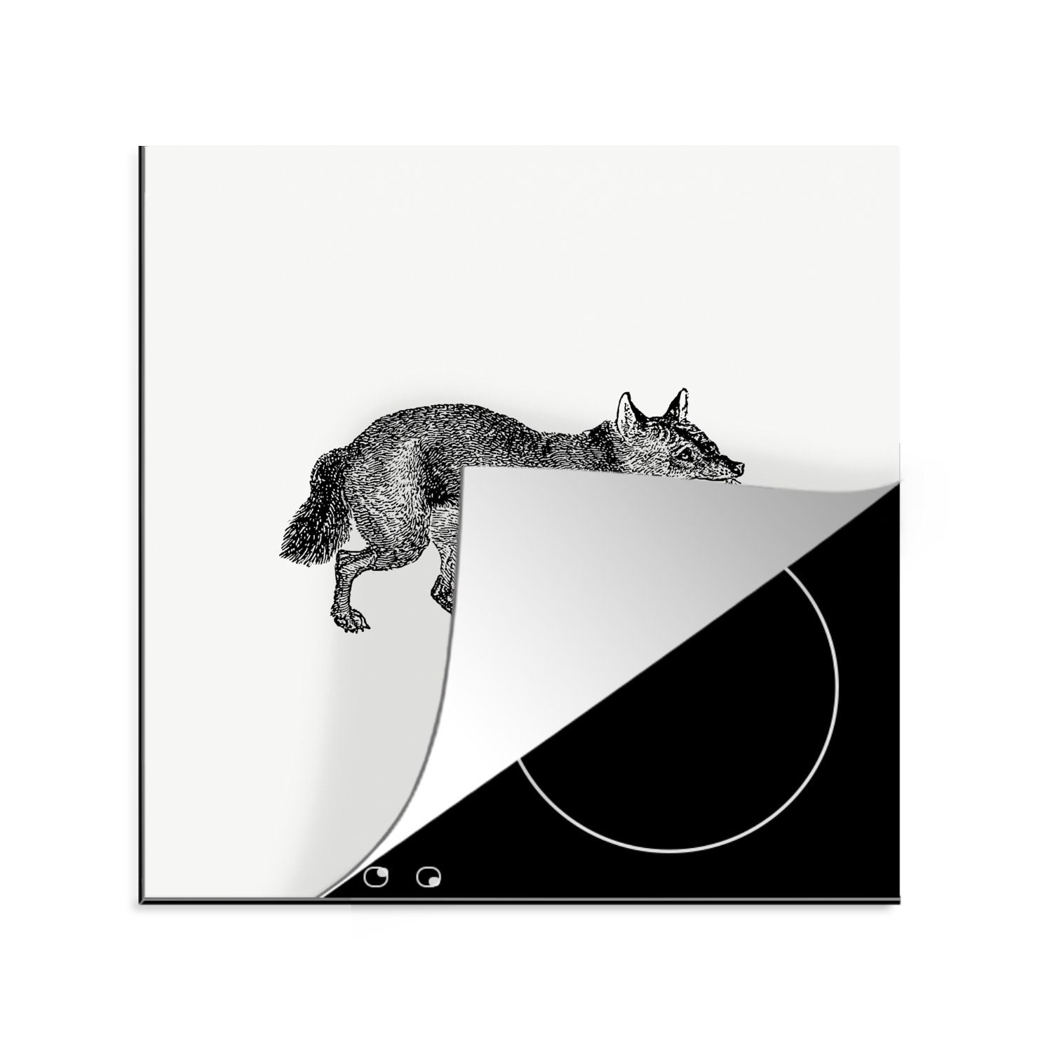 MuchoWow Herdblende-/Abdeckplatte Vintage - Fuchs - Schwarz - Weiß, Vinyl, (1 tlg), 78x78 cm, Ceranfeldabdeckung, Arbeitsplatte für küche