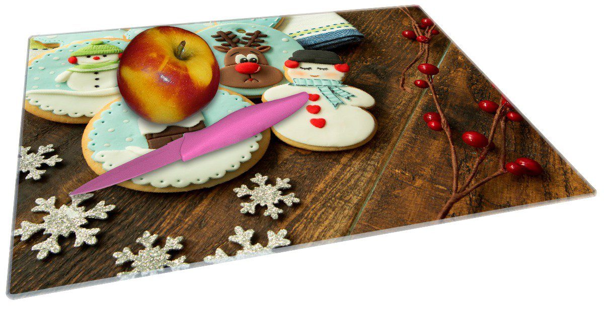 Küche Weihnachten - in Plätzchen 4mm, der auf (inkl. Schneidebrett rutschfester 1-St), 30x40cm Holztisch, Gummifüße ESG-Sicherheitsglas, Wallario einem