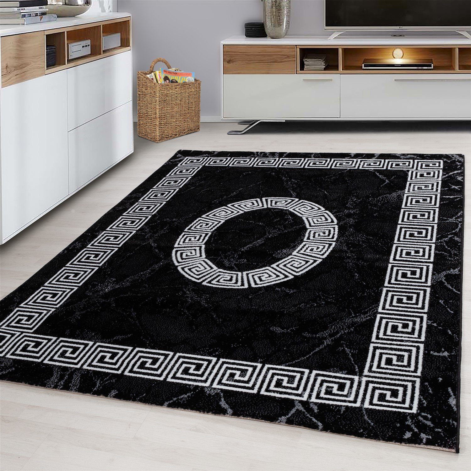 Designteppich Ornamente Kurzflorteppich Designerteppich Schwarz Miovani Deko Wohnzimmer