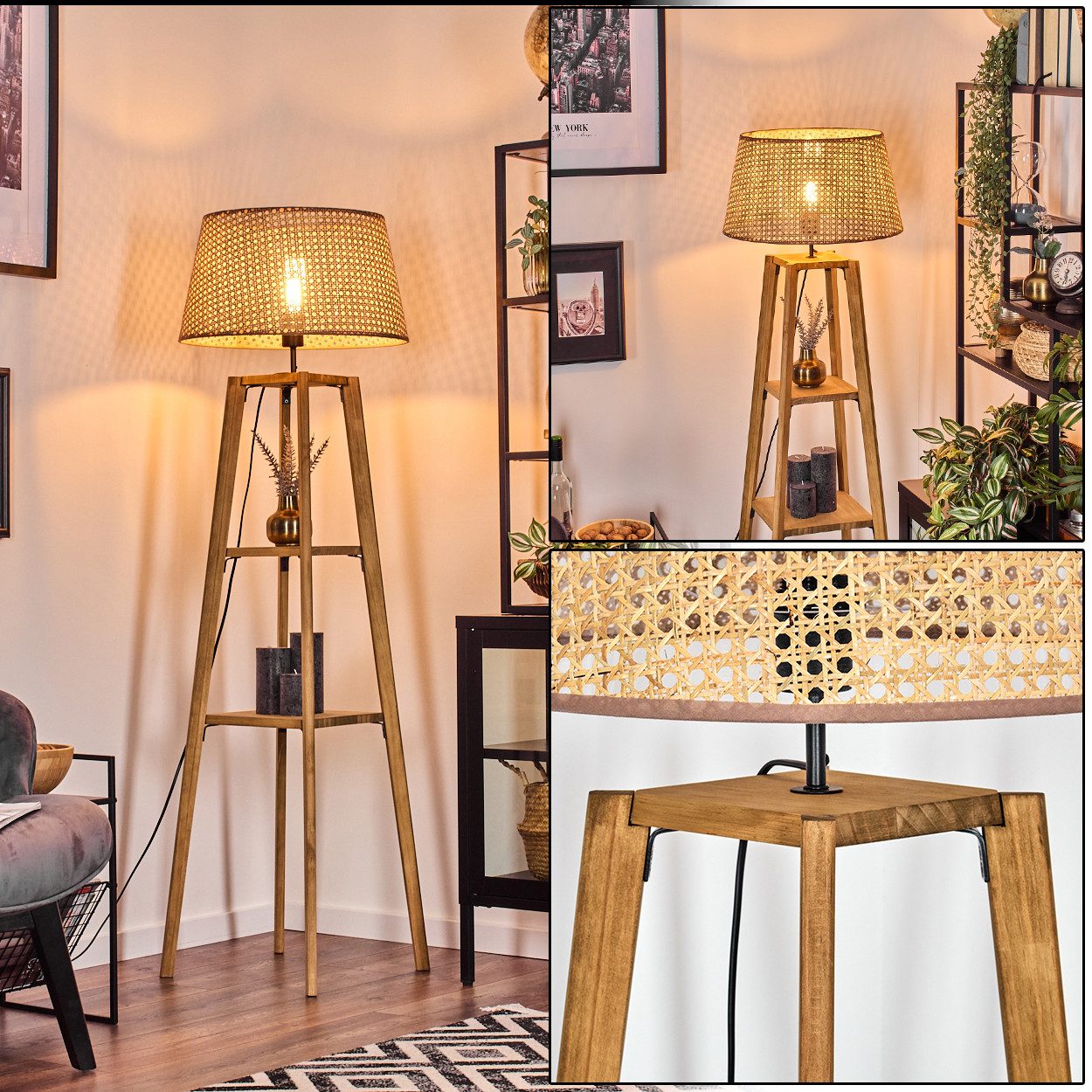 hofstein Stehlampe Stehlampe aus Holz/Rattan in Naturfarben/Beige, ohne Leuchtmittel, (45cm), Ablageflächen u. Fußschalter, 1x E27, ohne Leuchtmittel