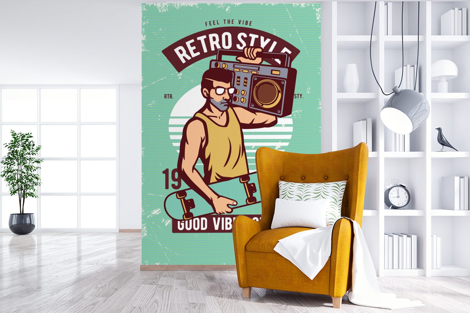 Wandtapete Vinyl St), Matt, Retro, - für Wohnzimmer, bedruckt, MuchoWow - Skateboard Tapete Montagefertig Fototapete (3 Radio - Mann