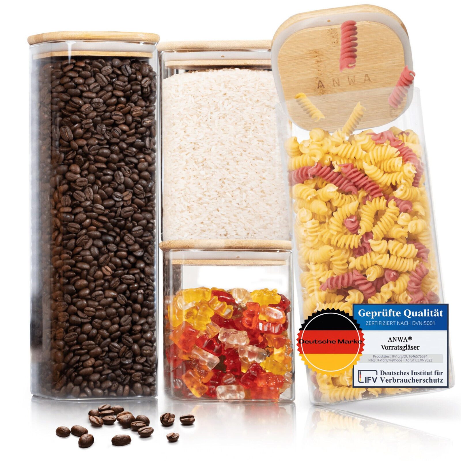 ANWA Vorratsglas Vorratsgläser eckig Deckel 4er Set je 1x 0,8l 1,1l 1,5l 2,2l Vorrat, Glas, (Set, 4er Set), mit Bambusdeckel