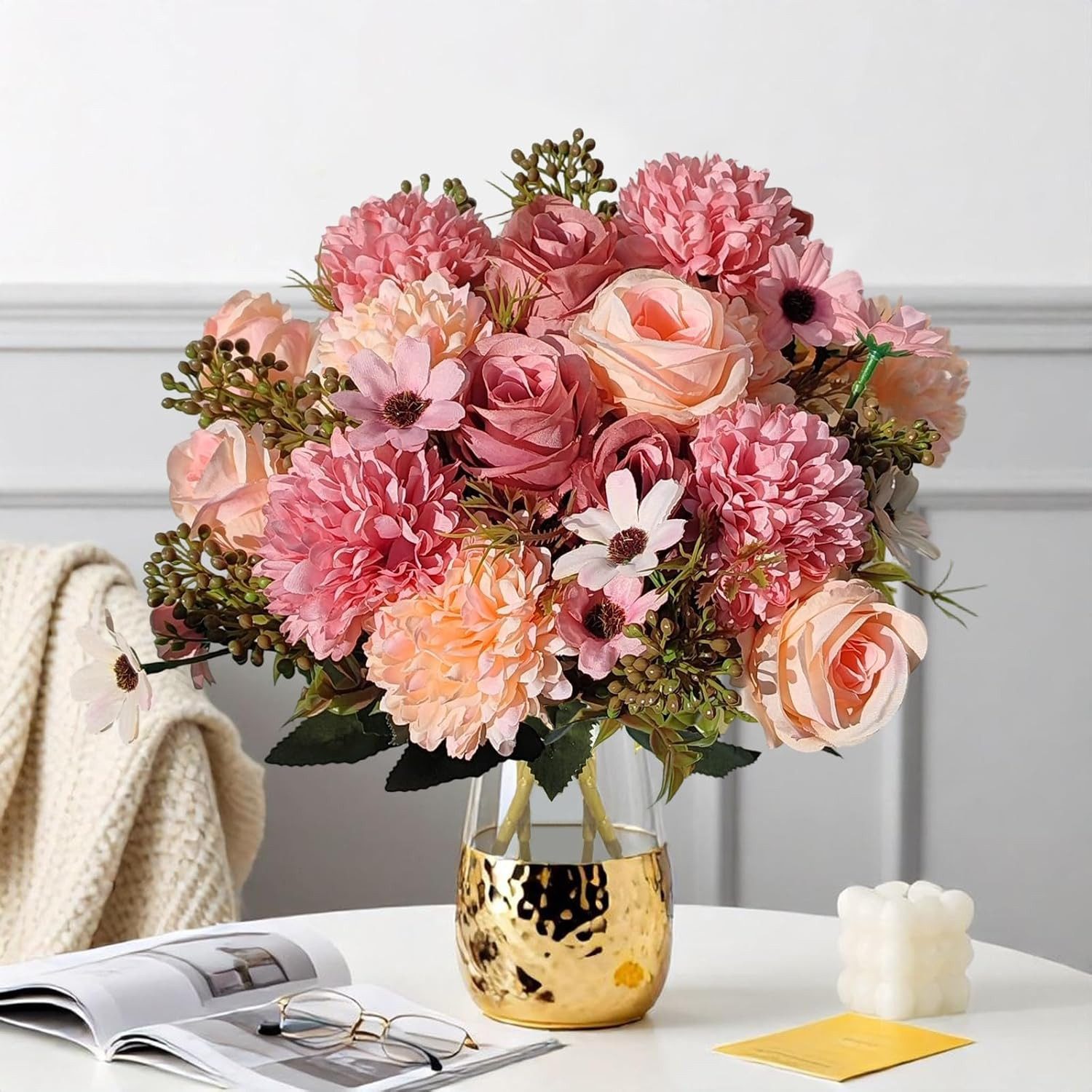 Kunstblumenstrauß 4er Set rosa künstliche Rosenblumensträuße, FOUORTUNATE-BEE, Künstliche Blumensträuße mit Rosen, Hortensien & Gänseblümchen – Bild 4 von 5