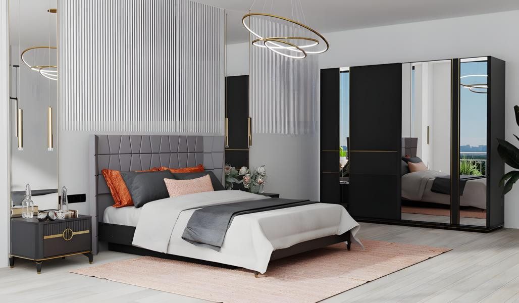 JVmoebel Schlafzimmer-Set Doppelbett in Grau mit Nachttischen und geräumigem Schrank aus Holz, (4-tlg., Doppelbett, 2xNachttische, Kleiderschrank), Made in Europe