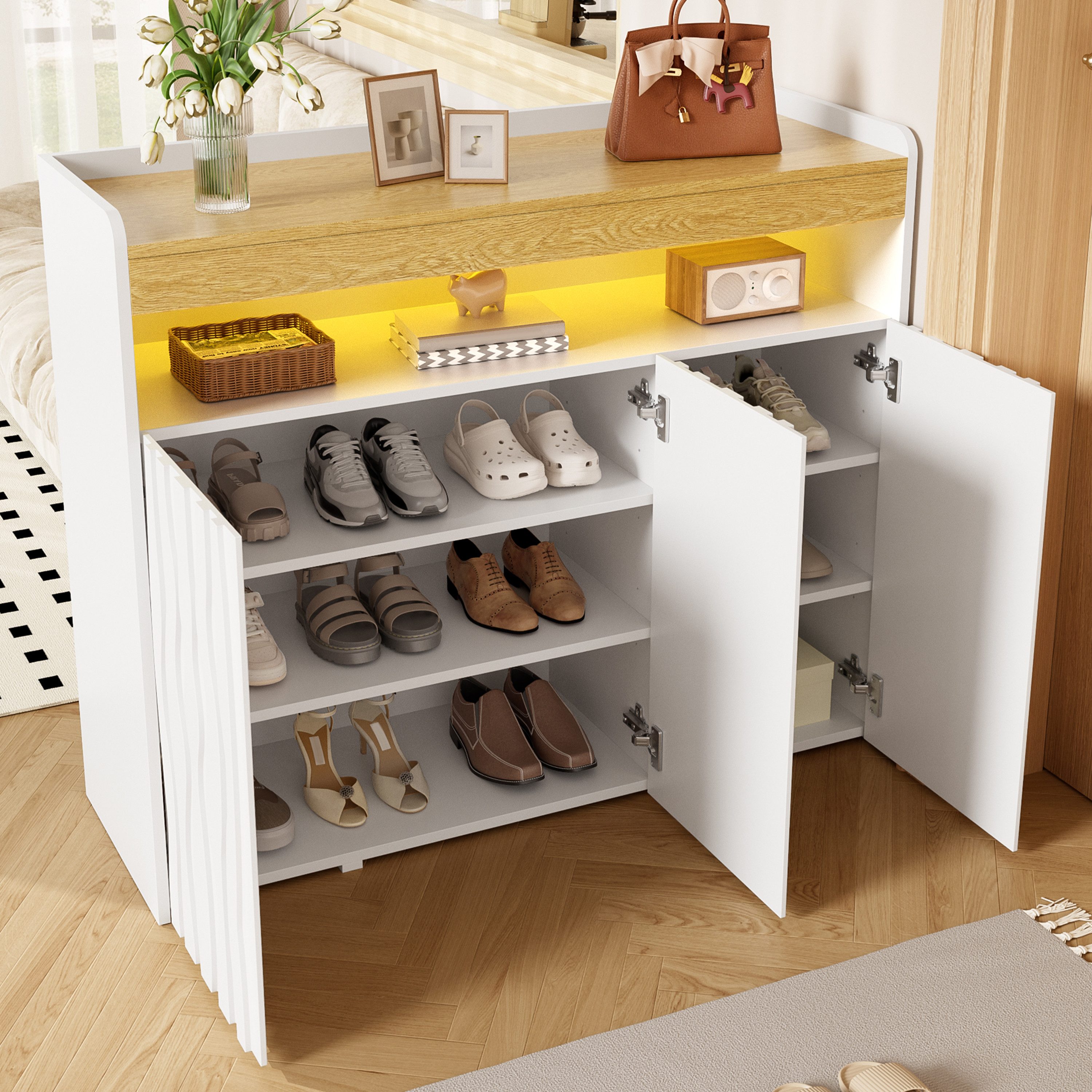Flieks Sideboard Mehrzweckschrank mit LED-Beleuchtung & 3 Türen in Wellenmuster-Design (B105×H90,5×T35 cm, 1 St., mit offenem Ablagefach und Verstellbaren Einlegeböden), Schuhschrank mit Arbeitsplatte in Holzoptik Wohnzimmerschrank Weiß