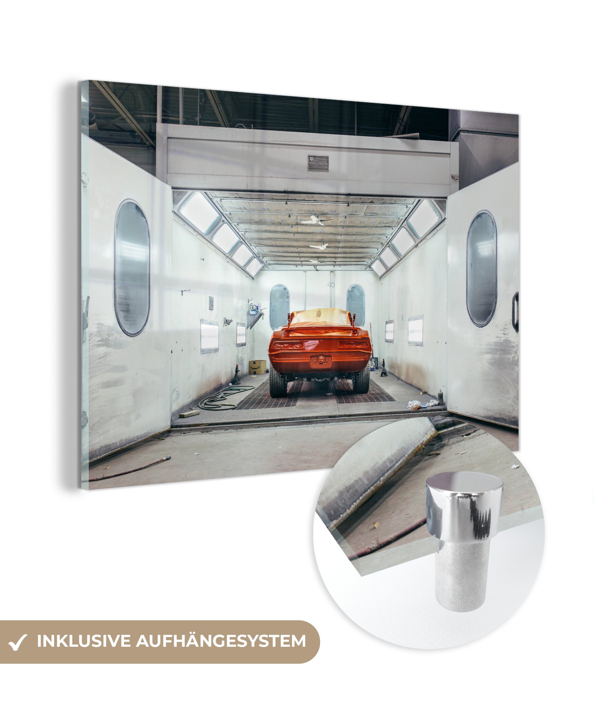 MuchoWow Acrylglasbild Auto - Autowaschanlage - Rot, (1 St), Acrylglasbilder Wohnzimmer & Schlafzimmer