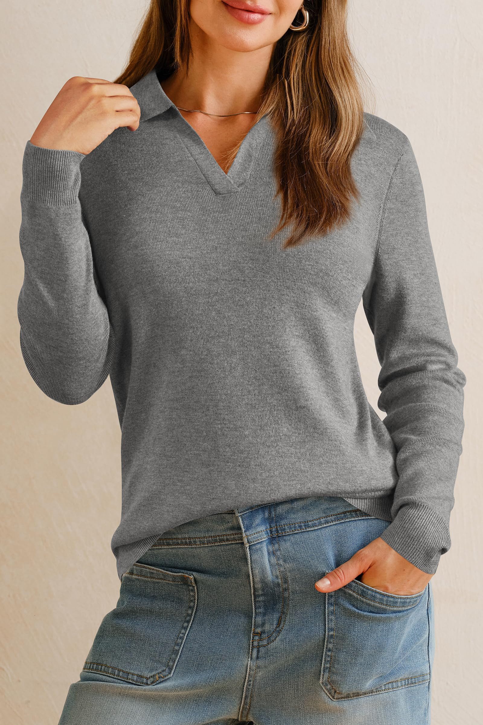 Arach&Cloz Poloshirt Damen Poloshirts Langarmshir Strickpullover Longpullover V-Shirt aus Wollmischung Herbstpullover Business CasualOutfits