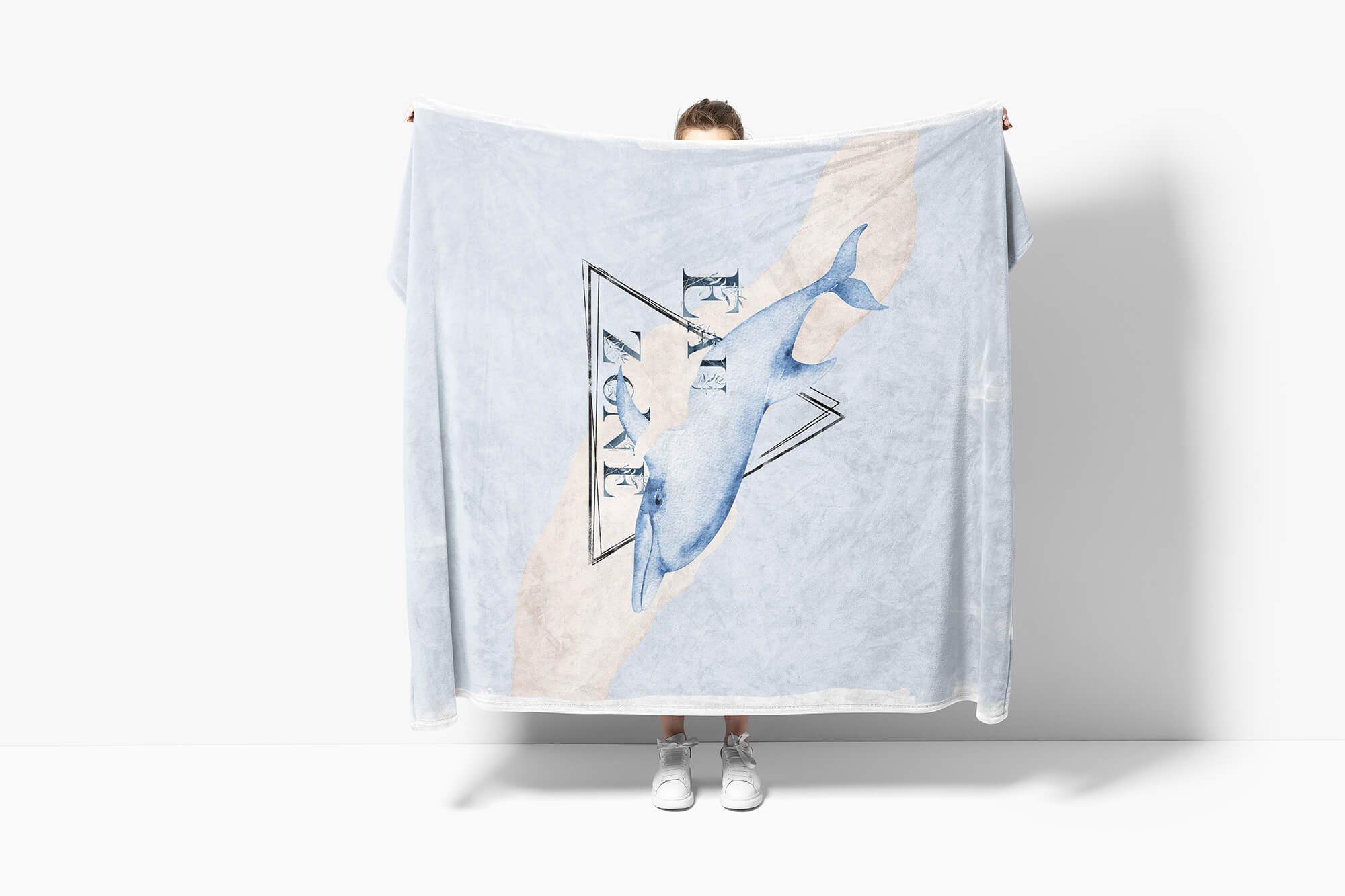Sinus Art Handtuch Handtuch Kuscheldecke Blau, Baumwolle-Polyester-Mix Kunstvoll Handtücher Strandhandtuch (1-St), Saunatuch Delfin Ozean Motiv