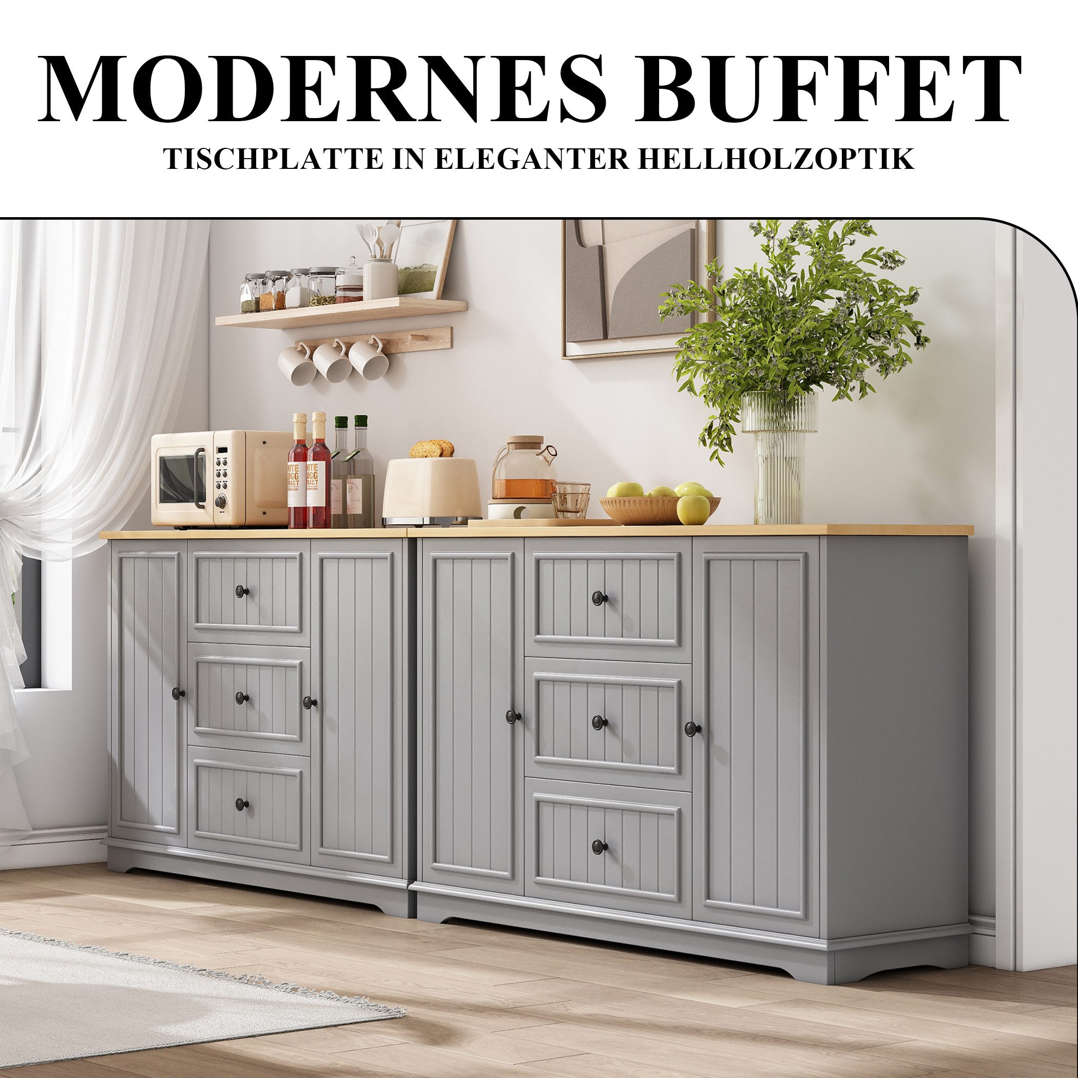 SeedWave Buffet Vielseitiges Küche Sideboard 126cm mit Schubladen & 2 Schranktüren Anrichte mit gestreiften Fronten, verstellbaren Fächern