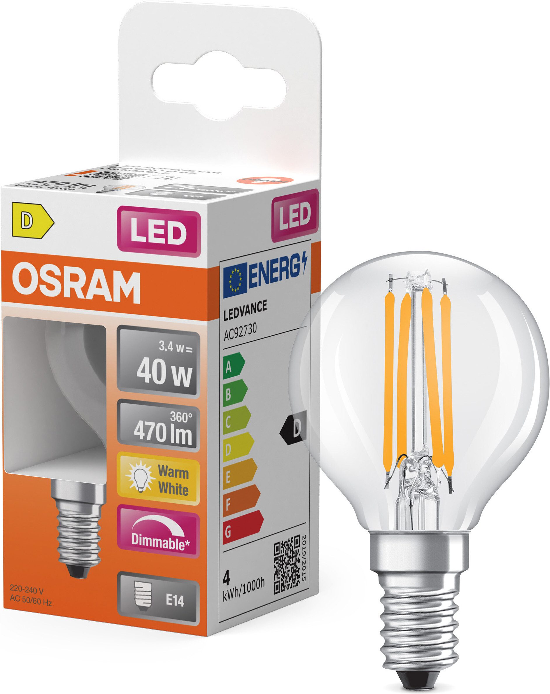 Osram LED-Leuchtmittel LED Retrofit CLASSIC P-Form, E14, 1 St., Warmweiß