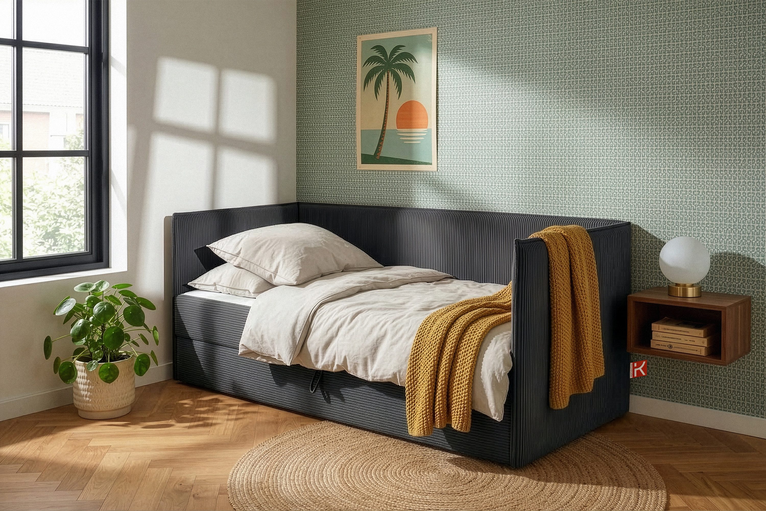 KONSIMO® Boxspringbett ROTI Polsterbett, Daybett, Tagesbett, Jugendbett, 90 cm x 200 cm (1-Person Boxspringbett, mit Rückenlehne und gepolsterten Seitenwänden), hergestellt in der EU, inklusive Kissen, mit großem Bettkasten