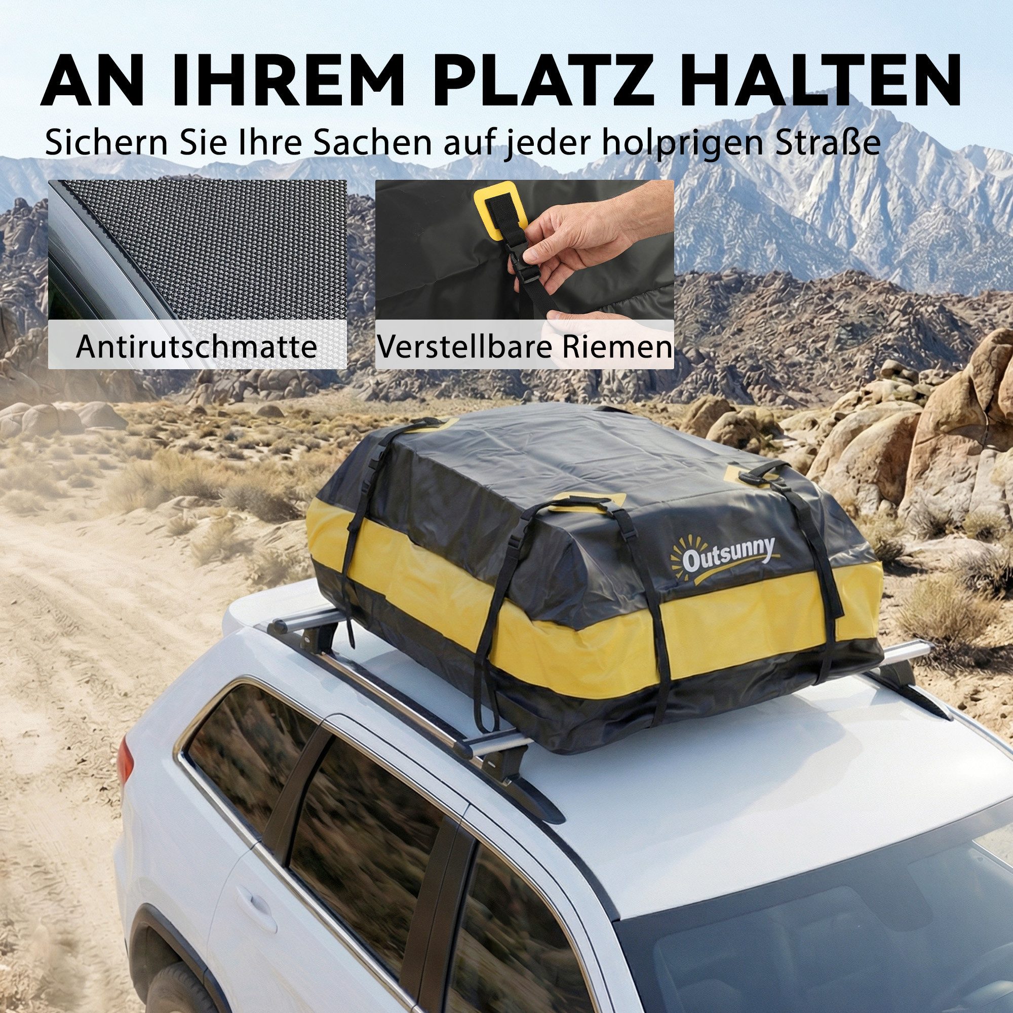 Outsunny Dachbox Auto Gepäckbox mit 8 Verstärkte Gurte Rutsch-Matte Türhaken, (425L Autodach-Tasche, 1-St., Wasserdicht Dachgepäckträger Tasche), für alle Fahrz – Bild 5 von 5