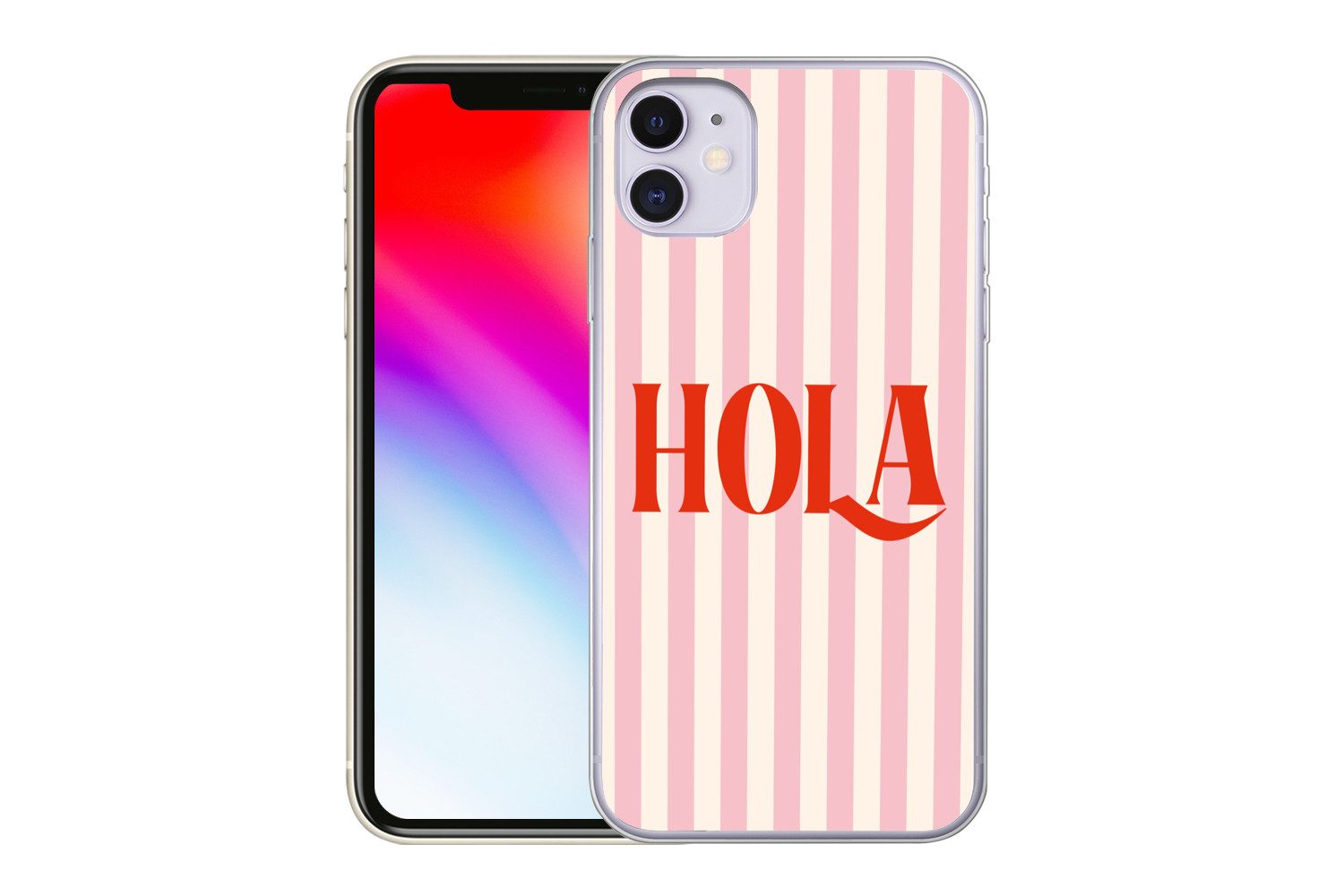 MuchoWow Handyhülle für Apple iPhone 11 Hola - Zitat - Streifen - Pastell - Rosa - Rot - W, Smartphone-Bumper, Print, Handy Schutzhülle Dünn