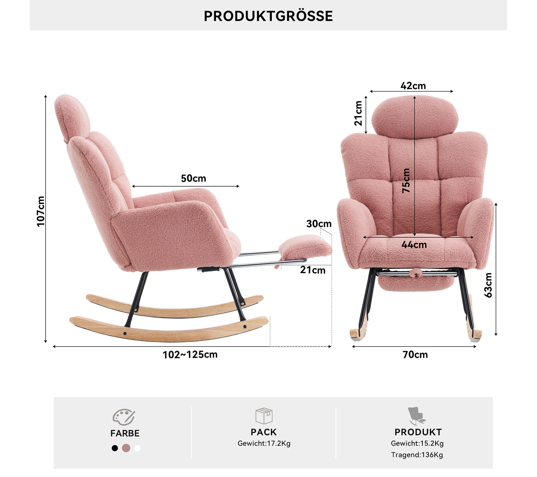 DEKKETO Schaukelstuhl mit Hocker & höhenverstellbarer Kopfstütze, Relaxsessel mit Fußauflage (1 St), Teddy-Stillsessel für Stillen & Lesen
