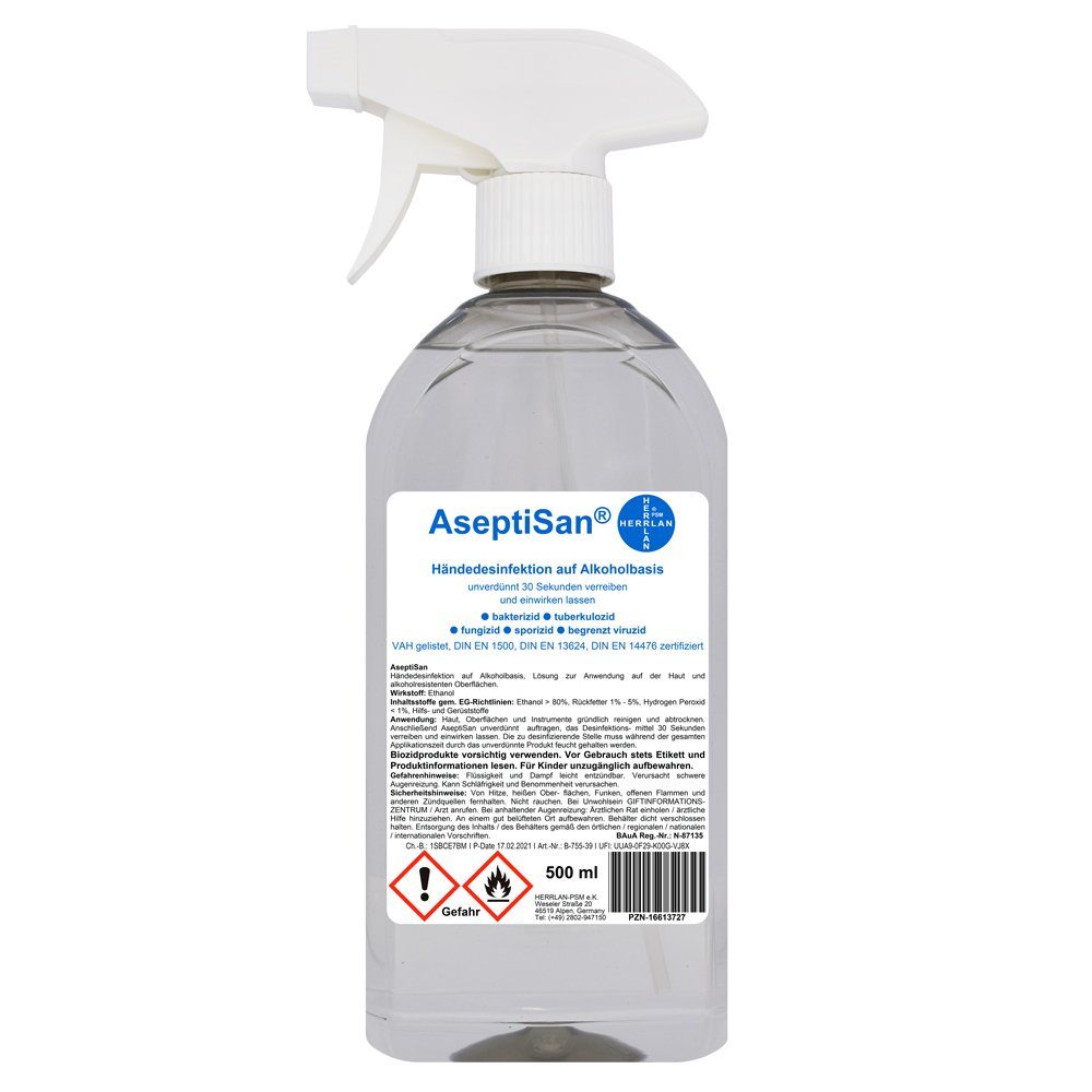 HERRLAN - ml I gelistet Hand-Desinfektionsmittel 500 AseptiSan VAH Sprühflasche und Flächen-