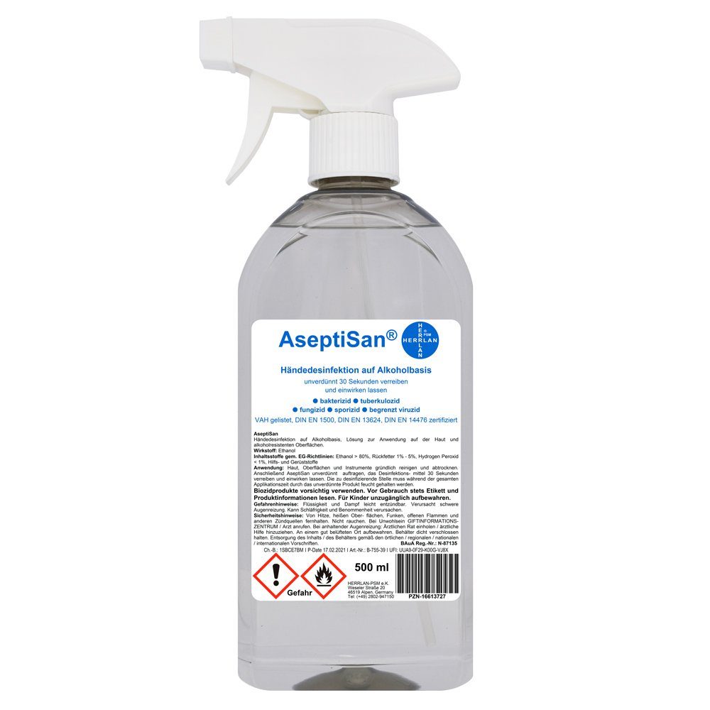 AseptiSan 500 ml Sprühflasche - VAH gelistet I Flächen- und Hand-Desinfektionsmittel