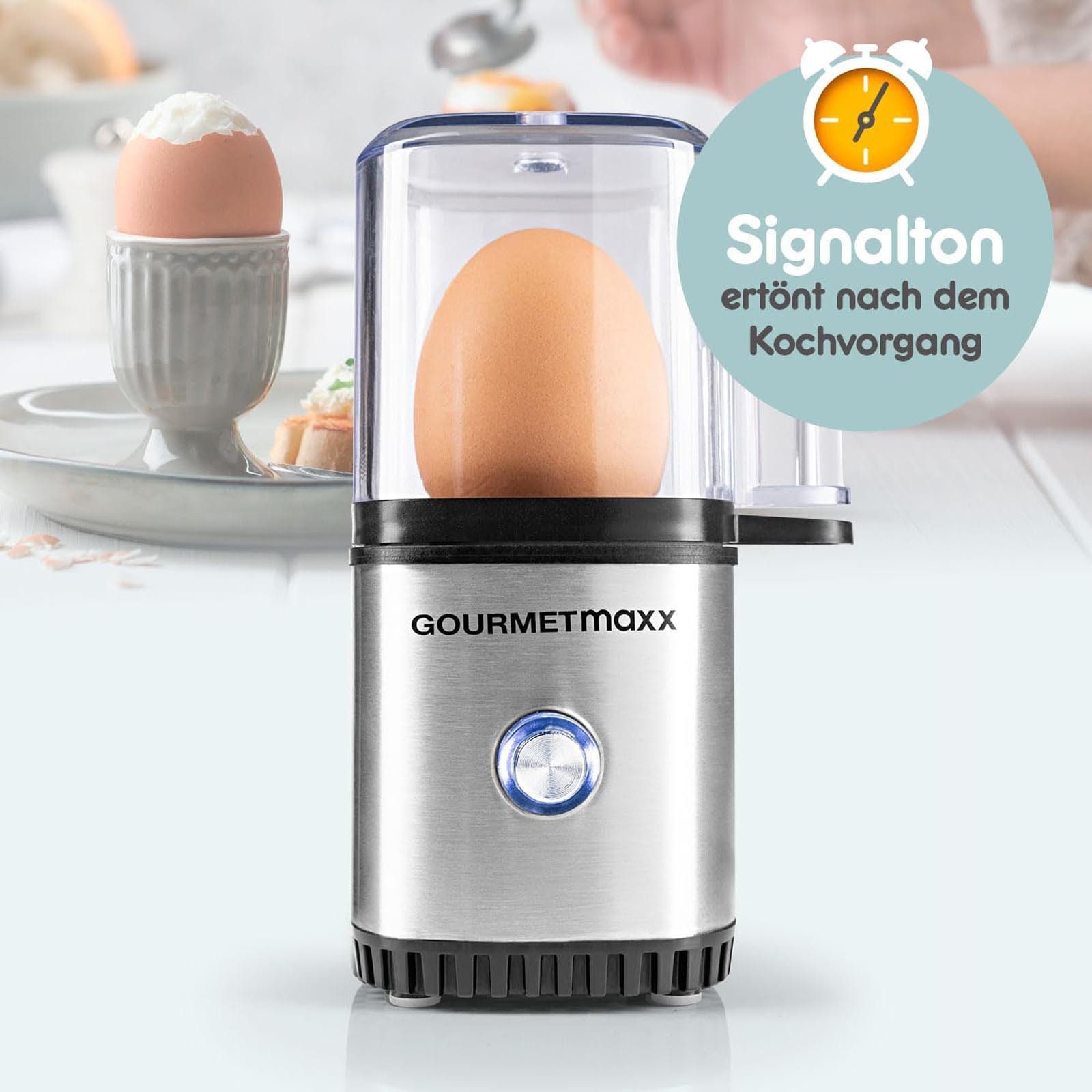 GOURMETmaxx Eierkocher Elektrischer Design Eier Kocher, Anzahl Eier: 1 St., 3 Härtegrade inkl. Messbecher und Eipicker