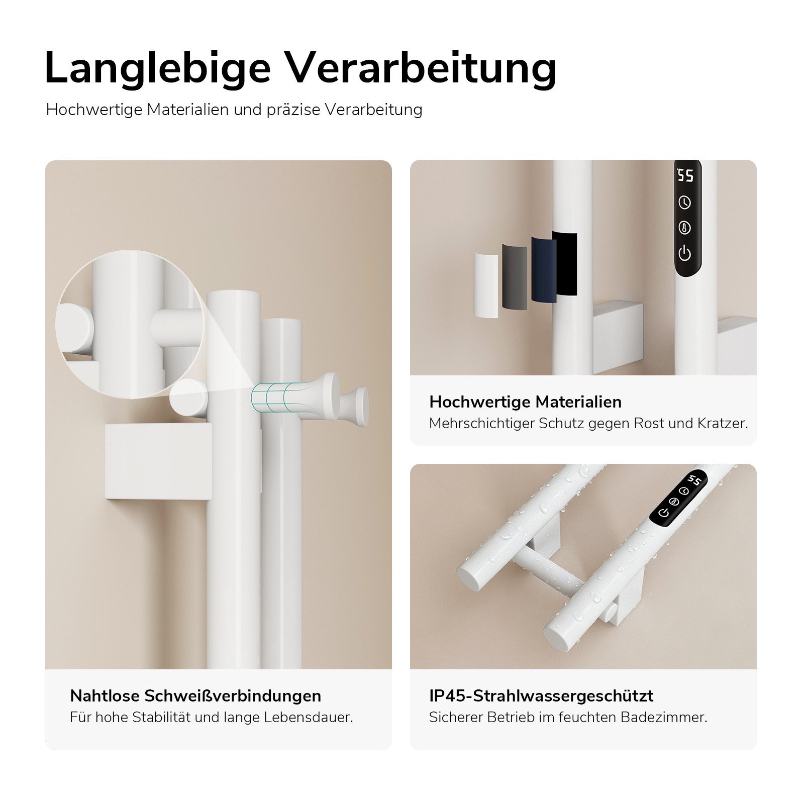 EMKE Badheizkörper Design-Handtuchheizkörper mit Smart-, WLAN- und App-Steuerung, Elektrischer Handtuchwärmer 145W LED-Display Thermostat Timer 120 cm