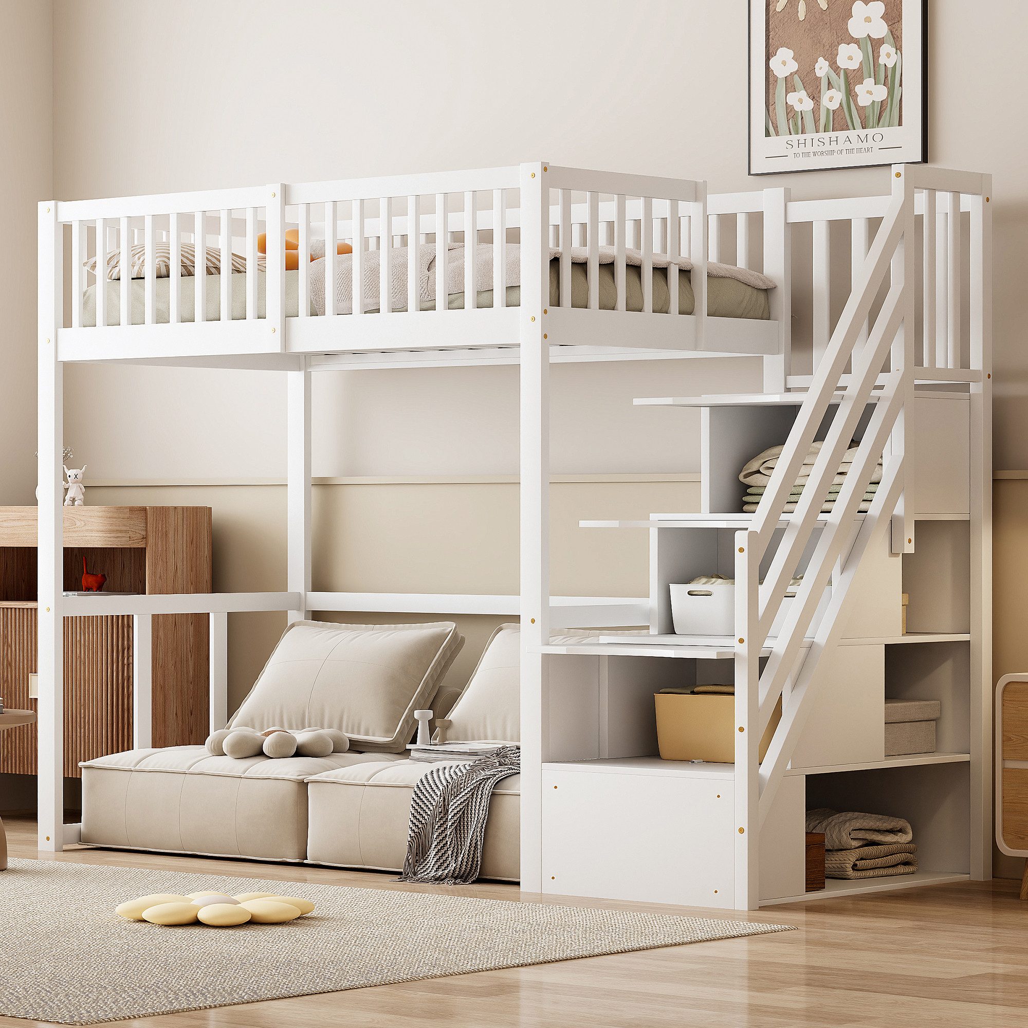 STILVORA Hochbett Kinderbett 90x200 mit Stauraum Jugendbett mit Zäune,Massive Kiefer (mit Sicherheits-Aufbewahrungsleiter, Bettgestell aus massivem Kiefernholz für Kinder und Jugendliche, 90 x 200 cm) ohne Matratze